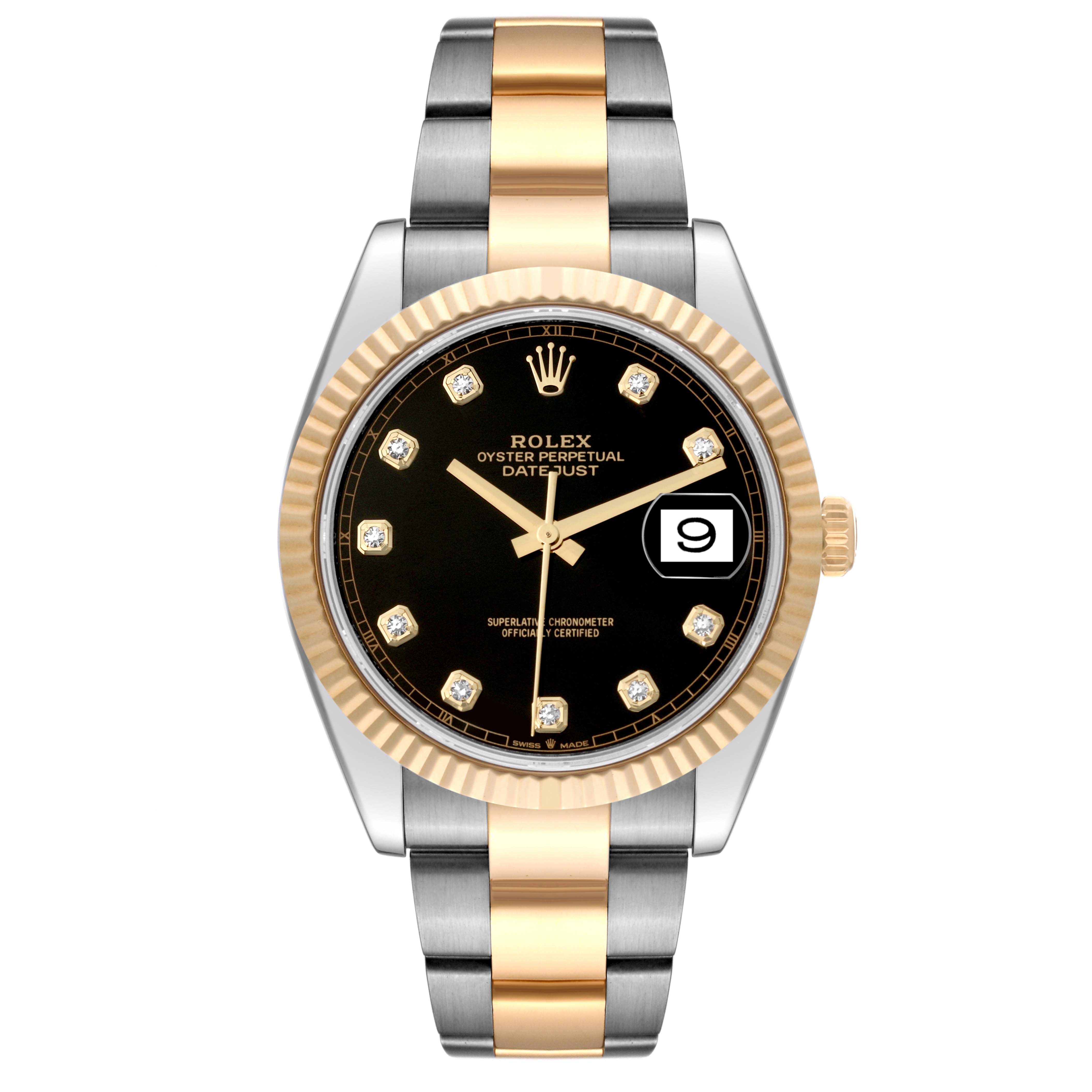 This image shows a front view of a Rolex Datejust 41 126333 Men's Steel and Gold (two tone) Black Dial 126333 Men's Steel and Gold (two tone) Black Dial model, showcasing its two-tone bracelet, fluted bezel, and date window.