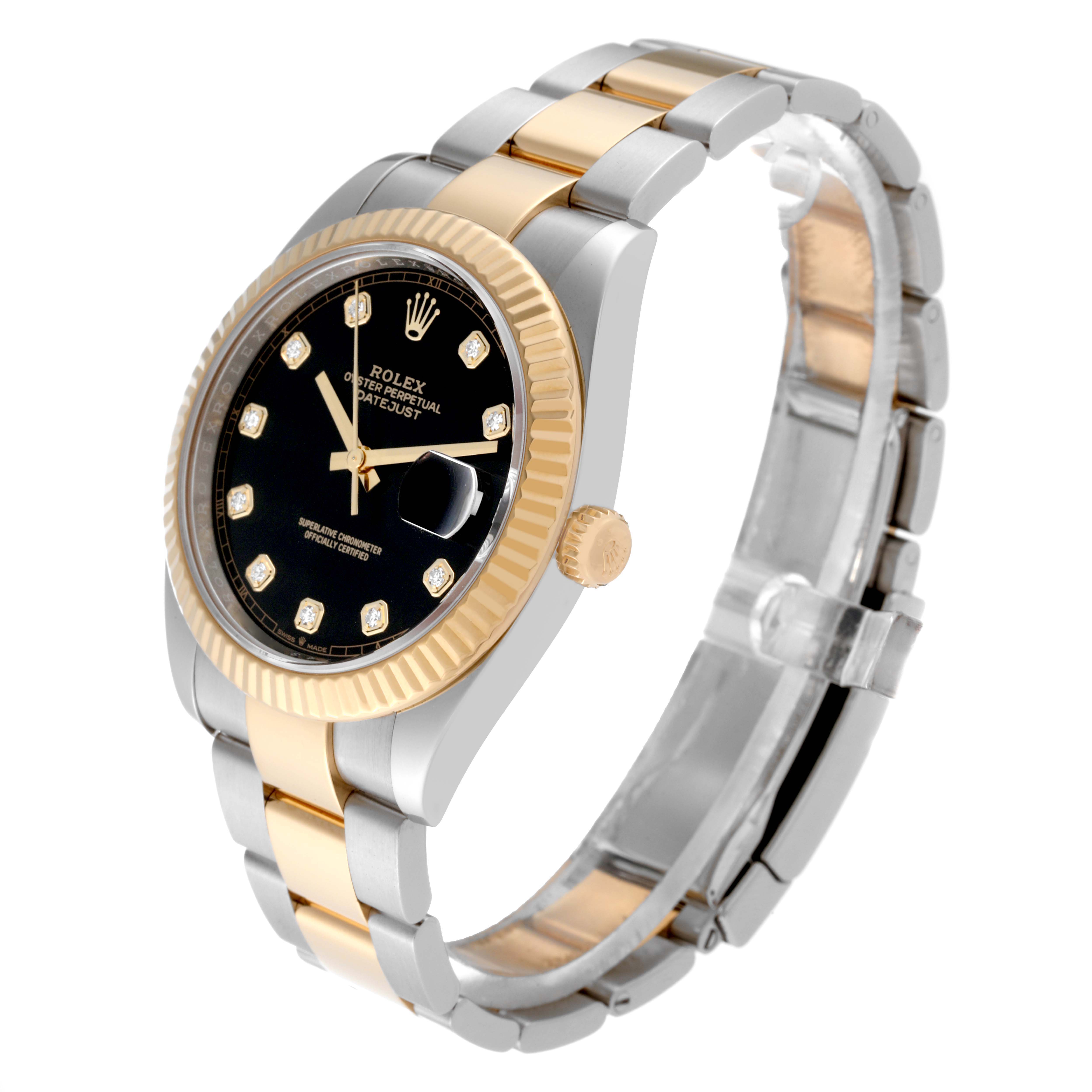 This image shows a side angle of the Rolex Datejust 41 126333 Men's Steel and Gold (two tone) Black Dial 126333 Men's Steel and Gold (two tone) Black Dial, highlighting the gold fluted bezel, black dial, and two-tone bracelet.