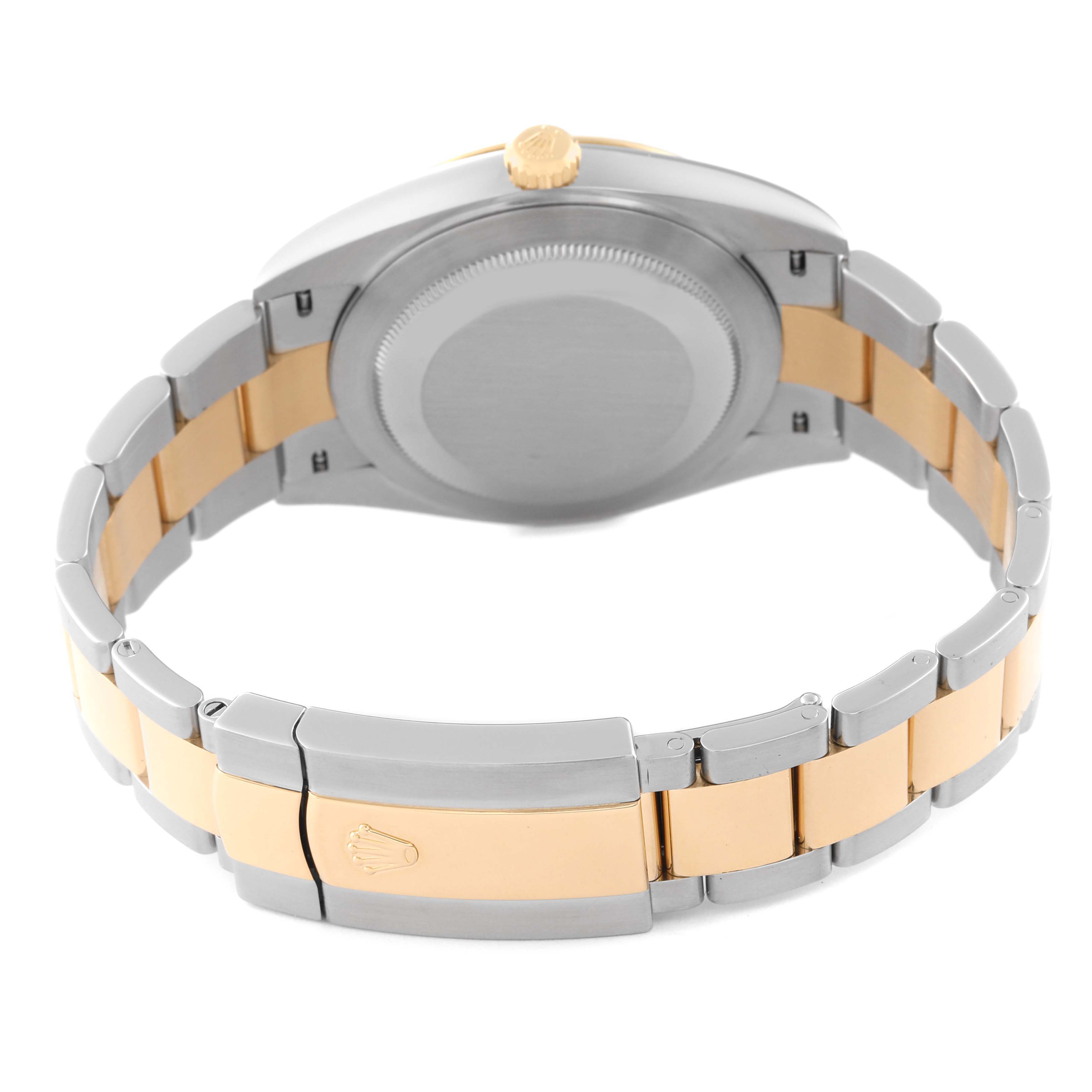 The image shows the back view of a Rolex Datejust 41 126333 Men's Steel and Gold (two tone) Black Dial 126333 Men's Steel and Gold (two tone) Black Dial watch, highlighting its case back, crown, and two-tone bracelet with the clasp.