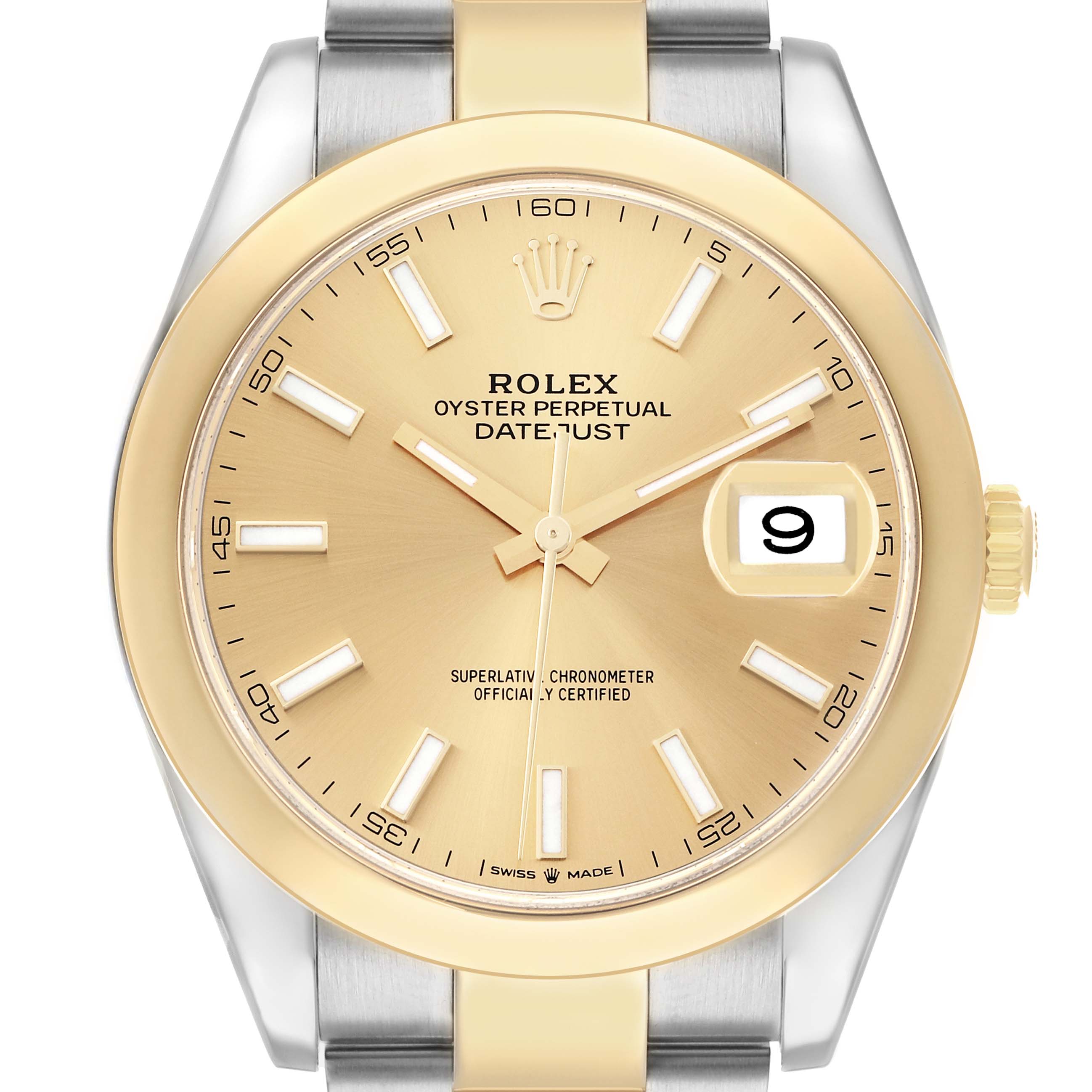 The Rolex Datejust 41 126303 Men
s Steel and Gold (two tone) Champagne Dial is shown from a front angle, highlighting the dial, bezel, and part of the bracelet.