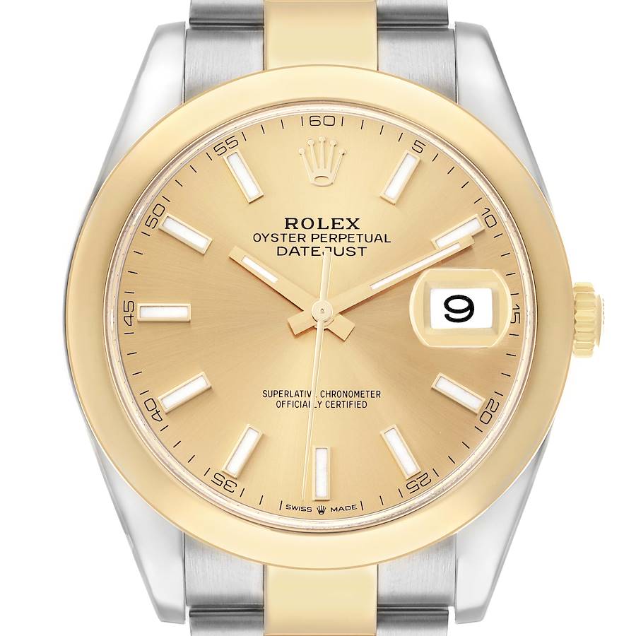 The Rolex Datejust 41 126303 Men's Steel and Gold (two tone) Champagne Dial is shown from a front angle, highlighting the dial, bezel, and part of the bracelet.