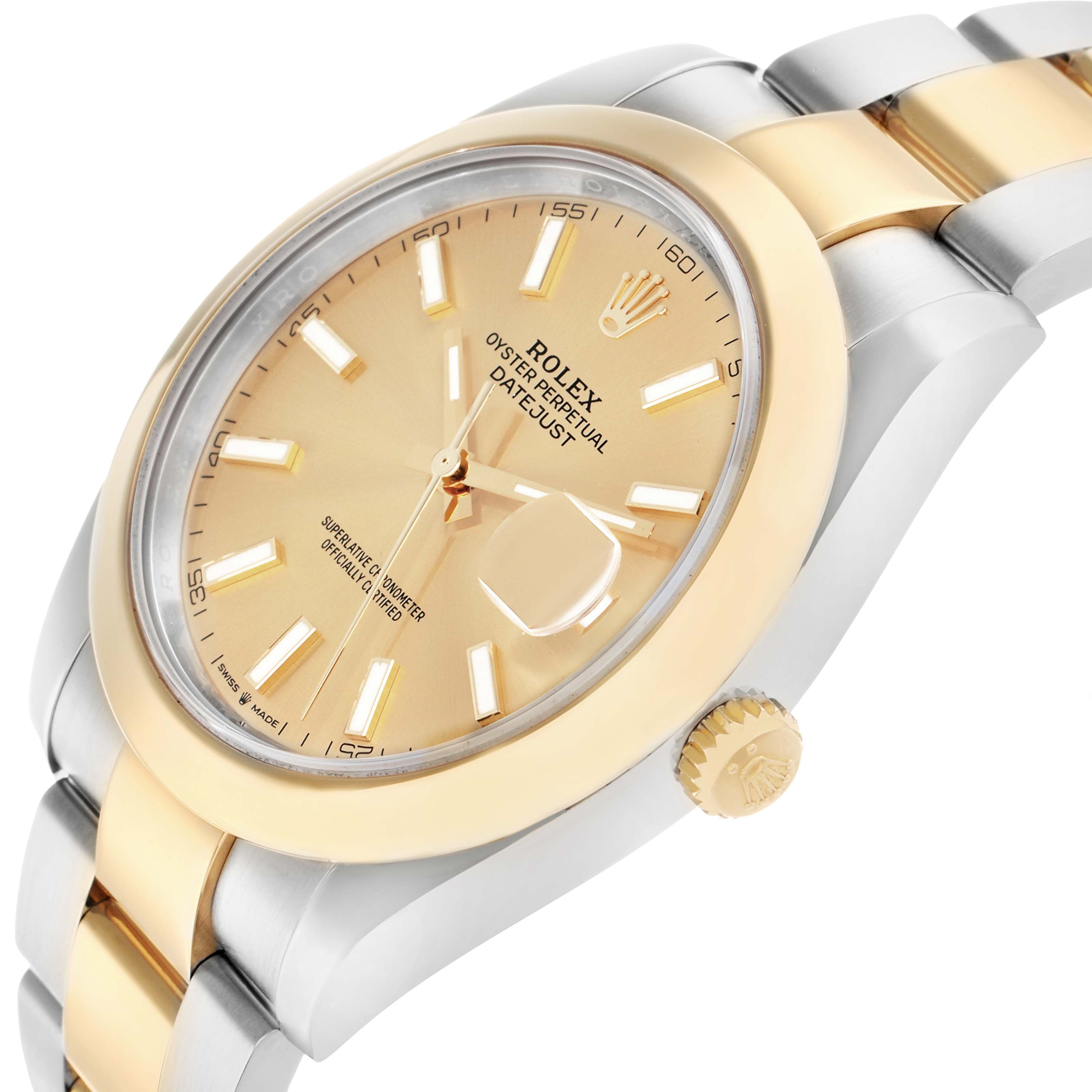 The Rolex Datejust 41 126303 Men
s Steel and Gold (two tone) Champagne Dial watch is shown at an angled close-up, displaying the dial, case, bezel, and part of the bracelet.