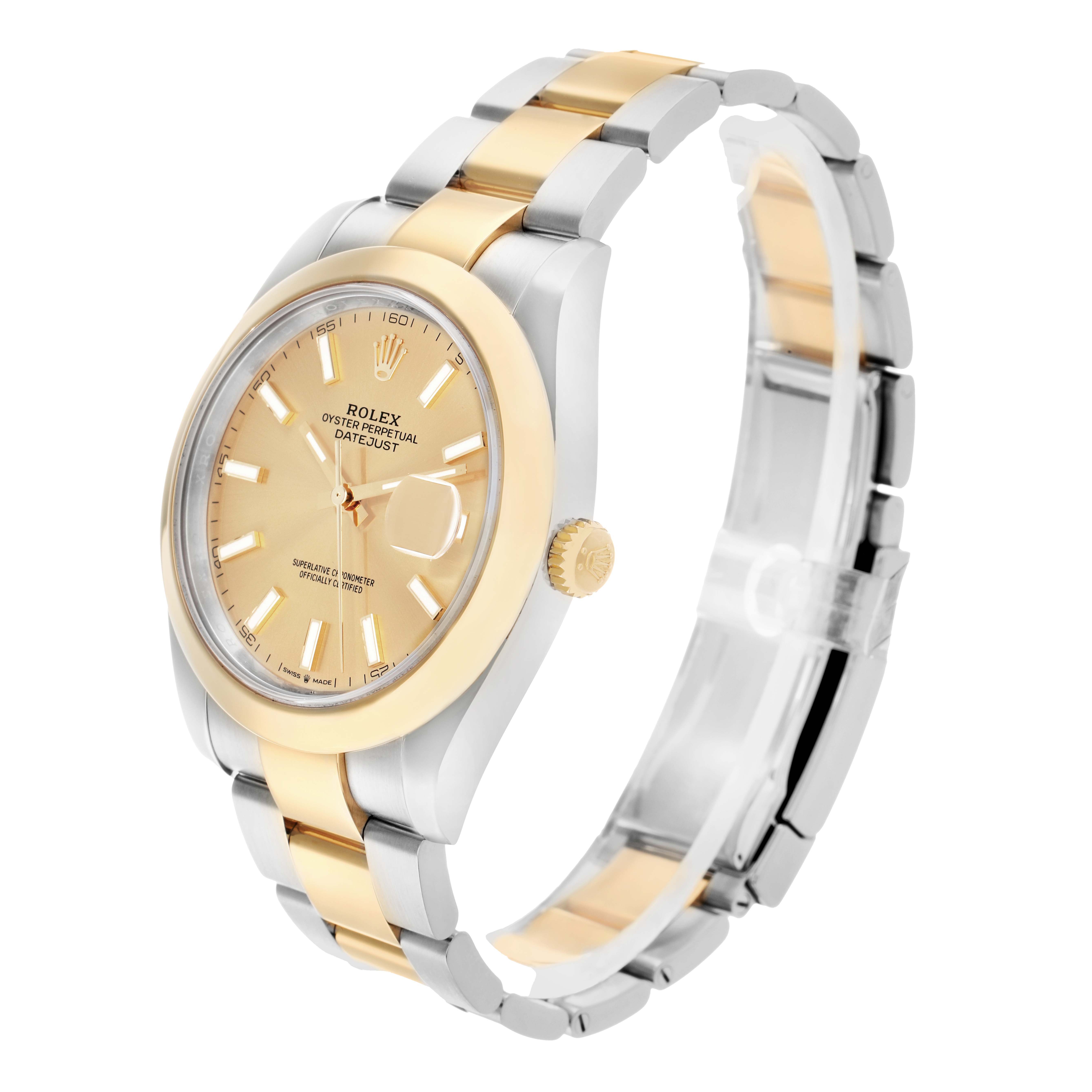 The Rolex Datejust 41 126303 Men
s Steel and Gold (two tone) Champagne Dial is shown at a three-quarter angle, highlighting the dial, bezel, case, and bracelet.