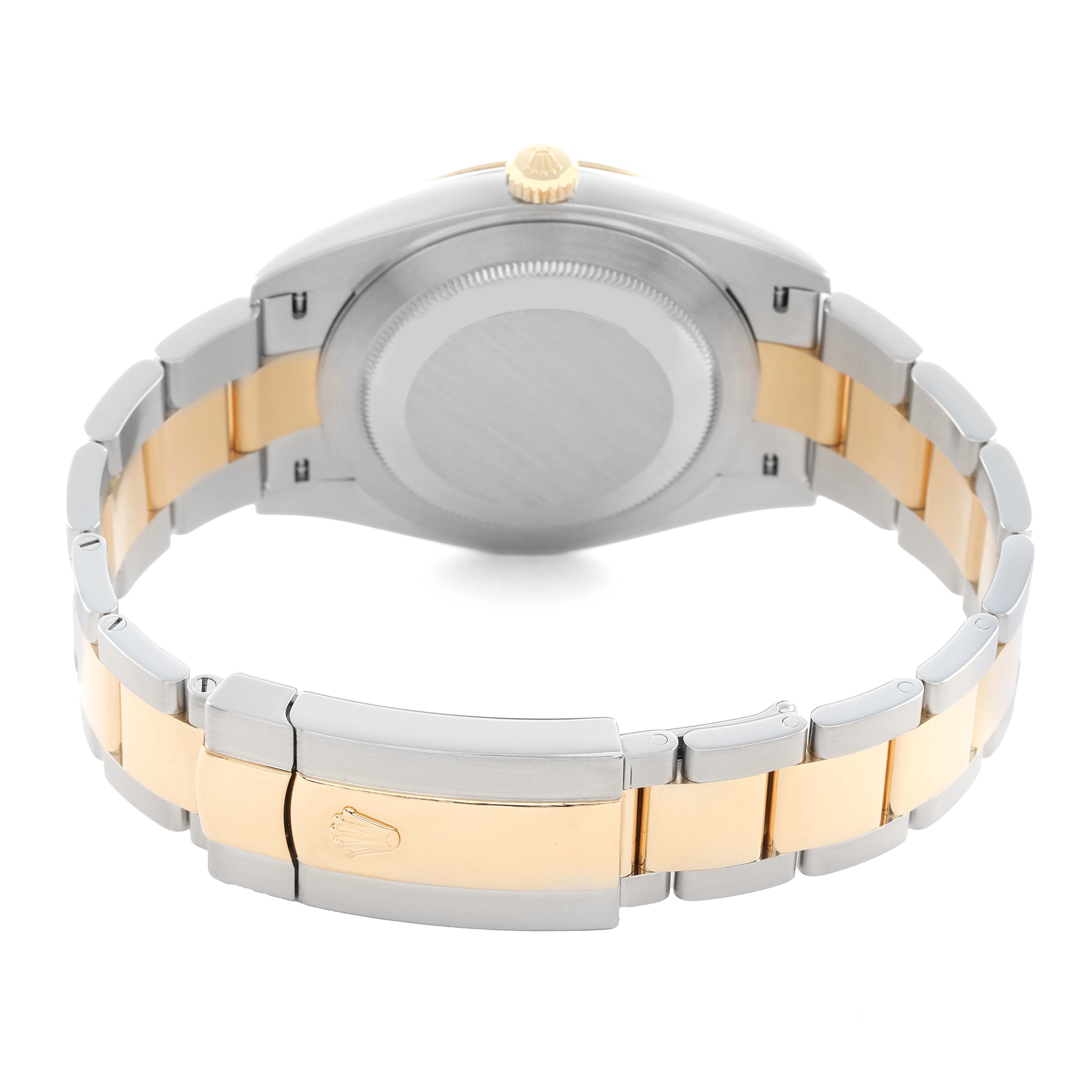 The Rolex Datejust 41 126303 Men
s Steel and Gold (two tone) Champagne Dial is shown from the back, highlighting the case back and two-tone bracelet.