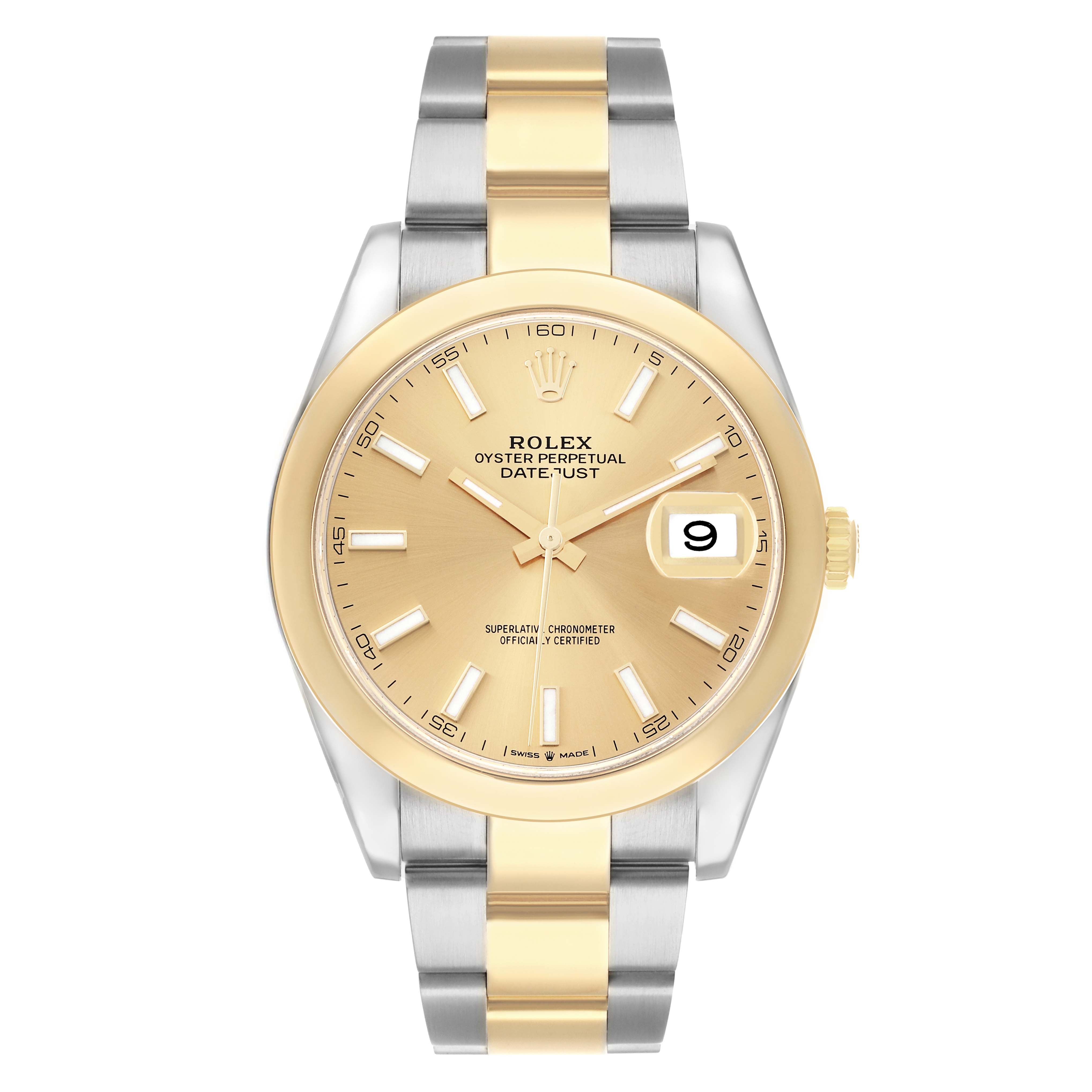 The Rolex Datejust 41 126303 Men
s Steel and Gold (two tone) Champagne Dial watch is shown from a front angle, highlighting its dial, bezel, and two-tone bracelet.