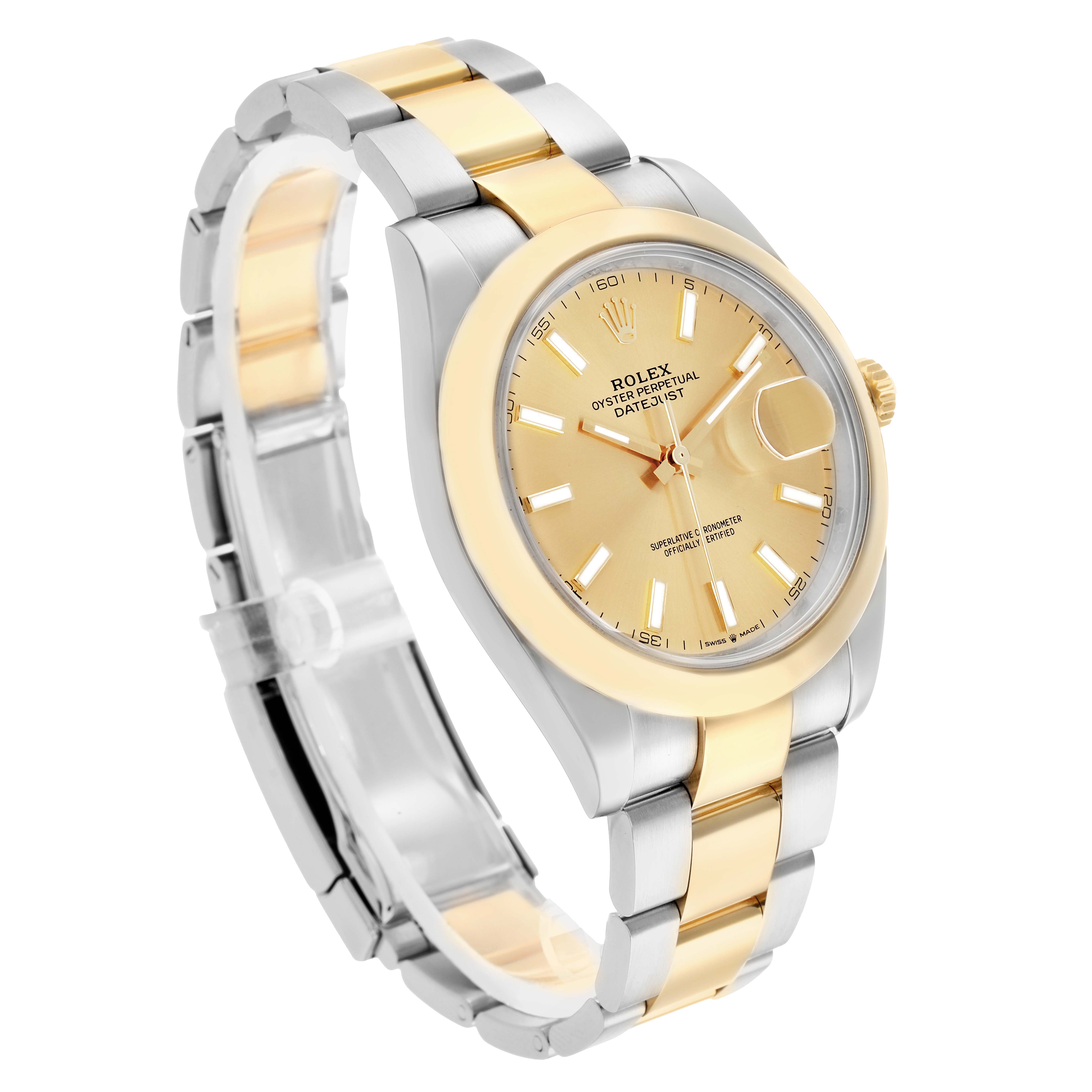 The image shows a Rolex Datejust 41 126303 Men
s Steel and Gold (two tone) Champagne Dial at a slight angle, highlighting the gold and silver bracelet and champagne dial.