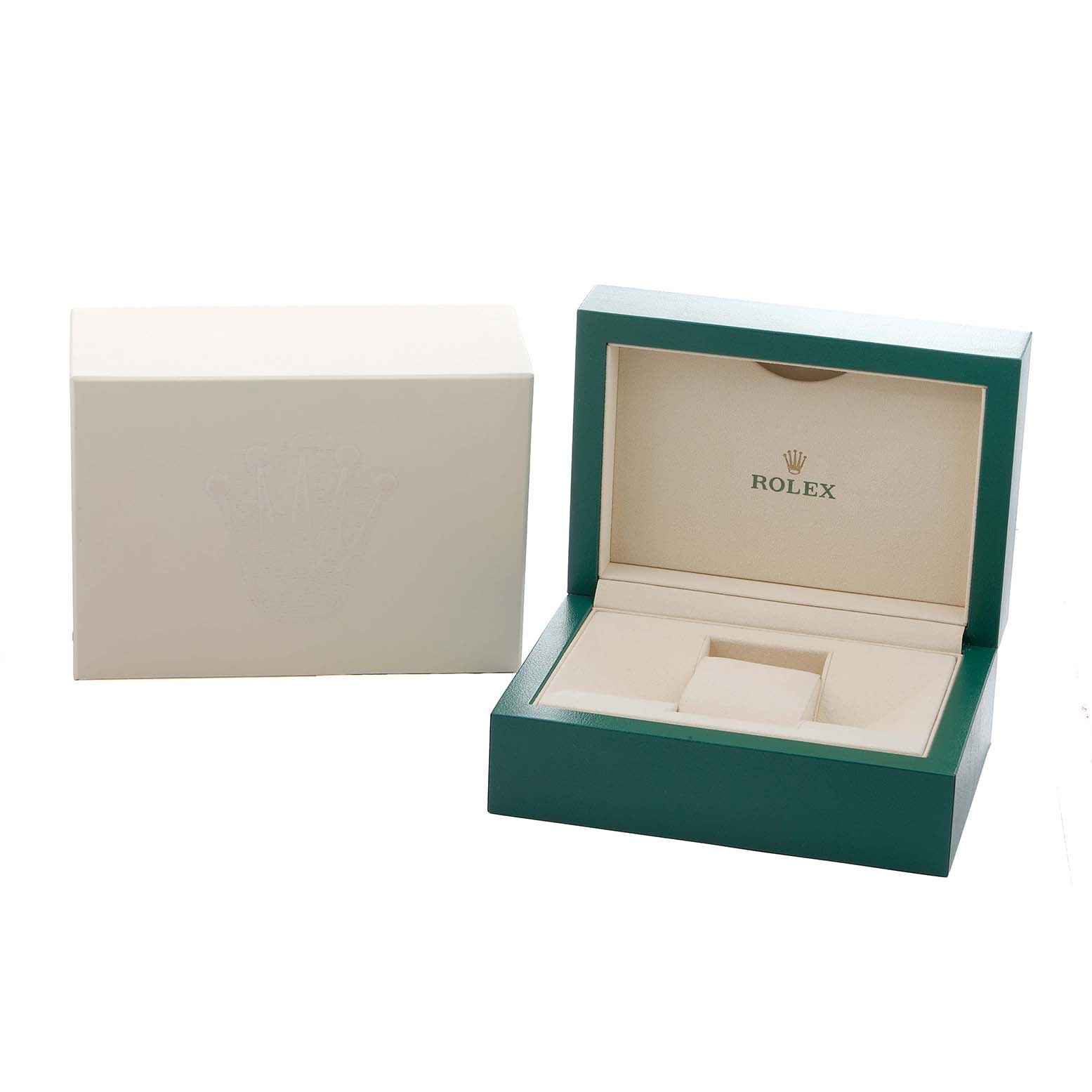 The image shows a green and beige Rolex box for the Datejust 41, with the outer box beside it.