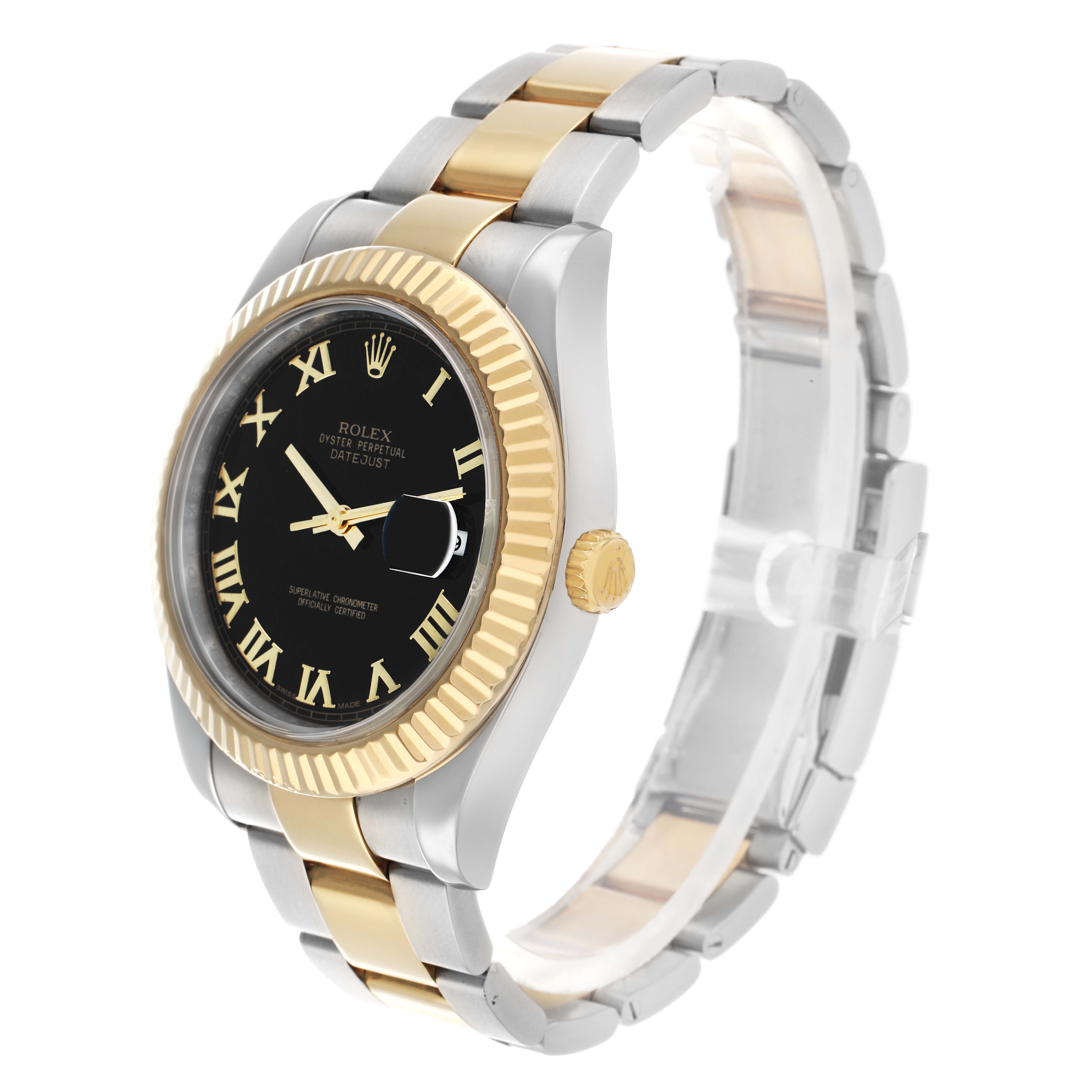 The Rolex Datejust 41 116333 Men
s Steel and Gold (two tone) Black Dial watch is shown at a three-quarter angle, displaying the face, bezel, and two-tone bracelet.