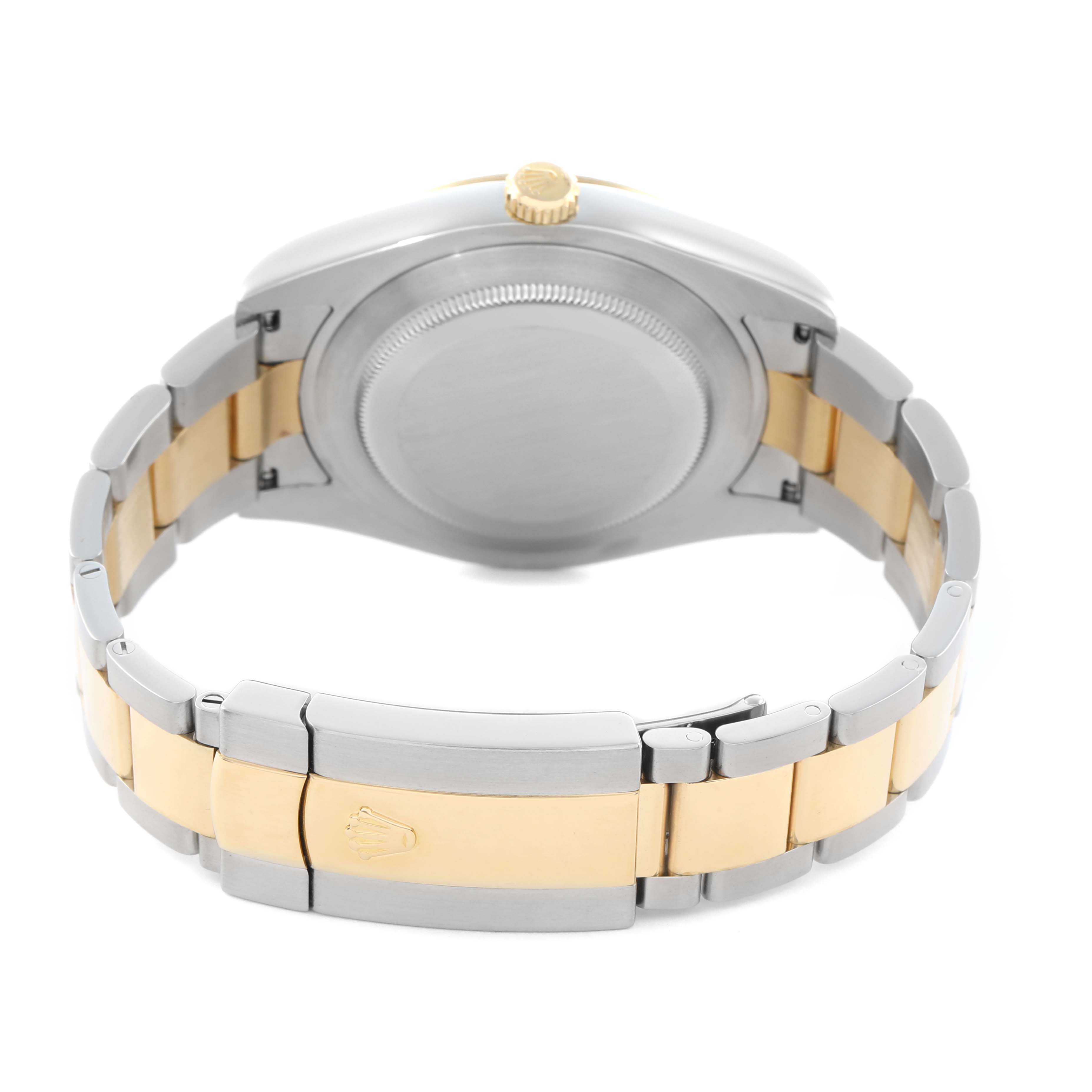 The image shows the backside of a Rolex Datejust 41 116333 Men
s Steel and Gold (two tone) Black Dial, highlighting the clasp, bracelet, and case back.