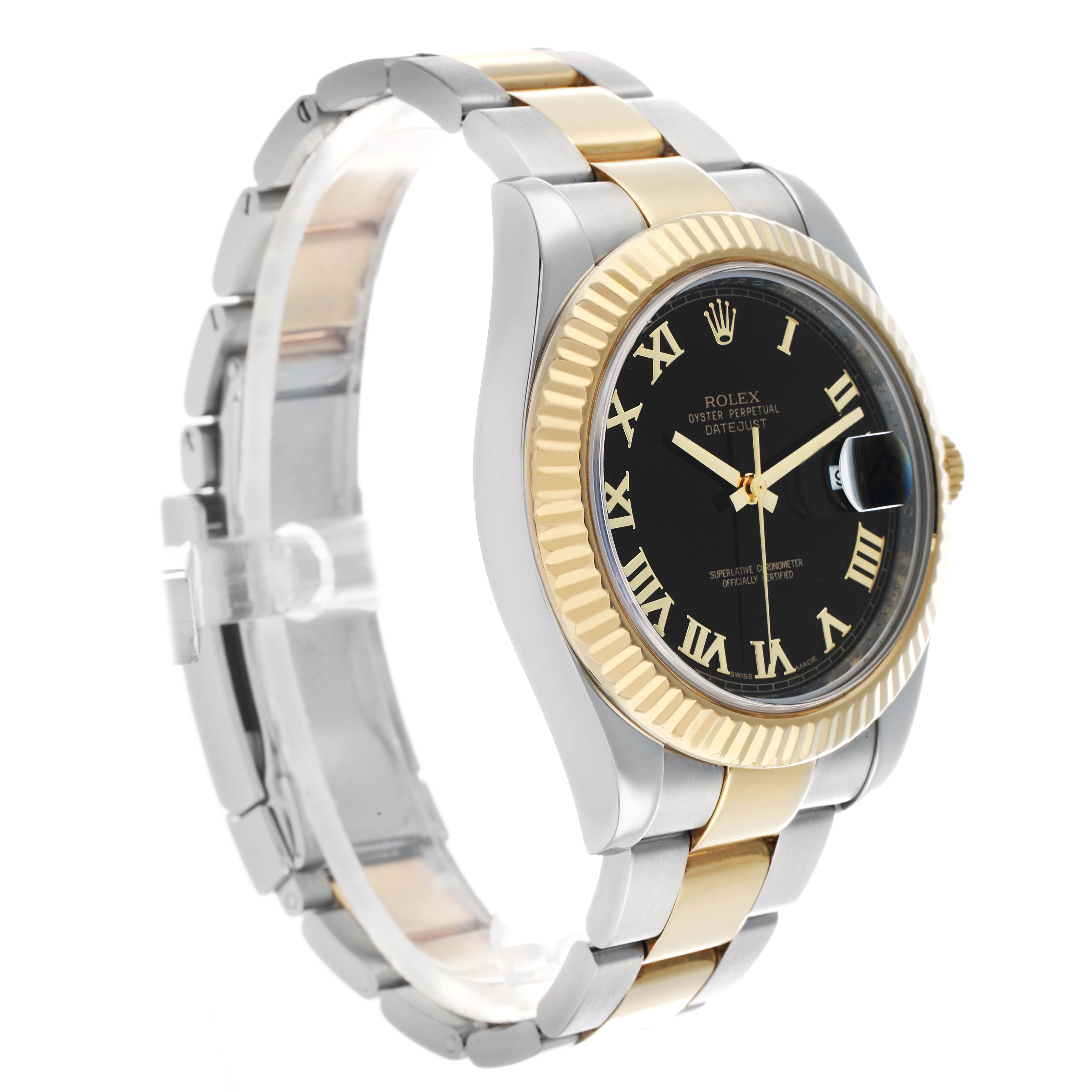 The Rolex Datejust 41 116333 Men
s Steel and Gold (two tone) Black Dial is shown at a side angle, displaying the bezel, dial, and two-tone bracelet.