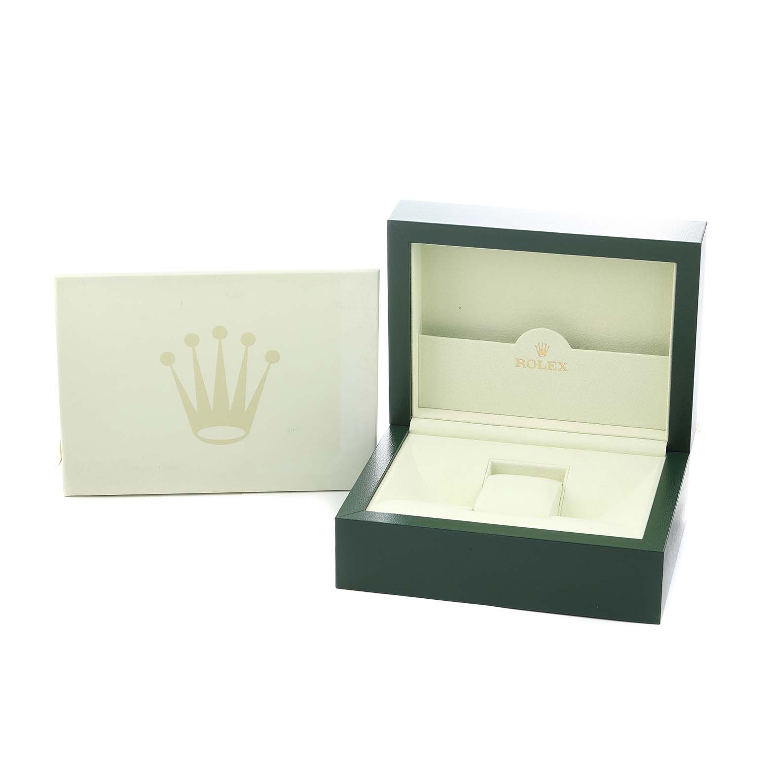 The image shows an open Rolex Datejust 41 116333 Men
s Steel and Gold (two tone) Black Dial box and outer packaging with the Rolex logo, viewed from the front.