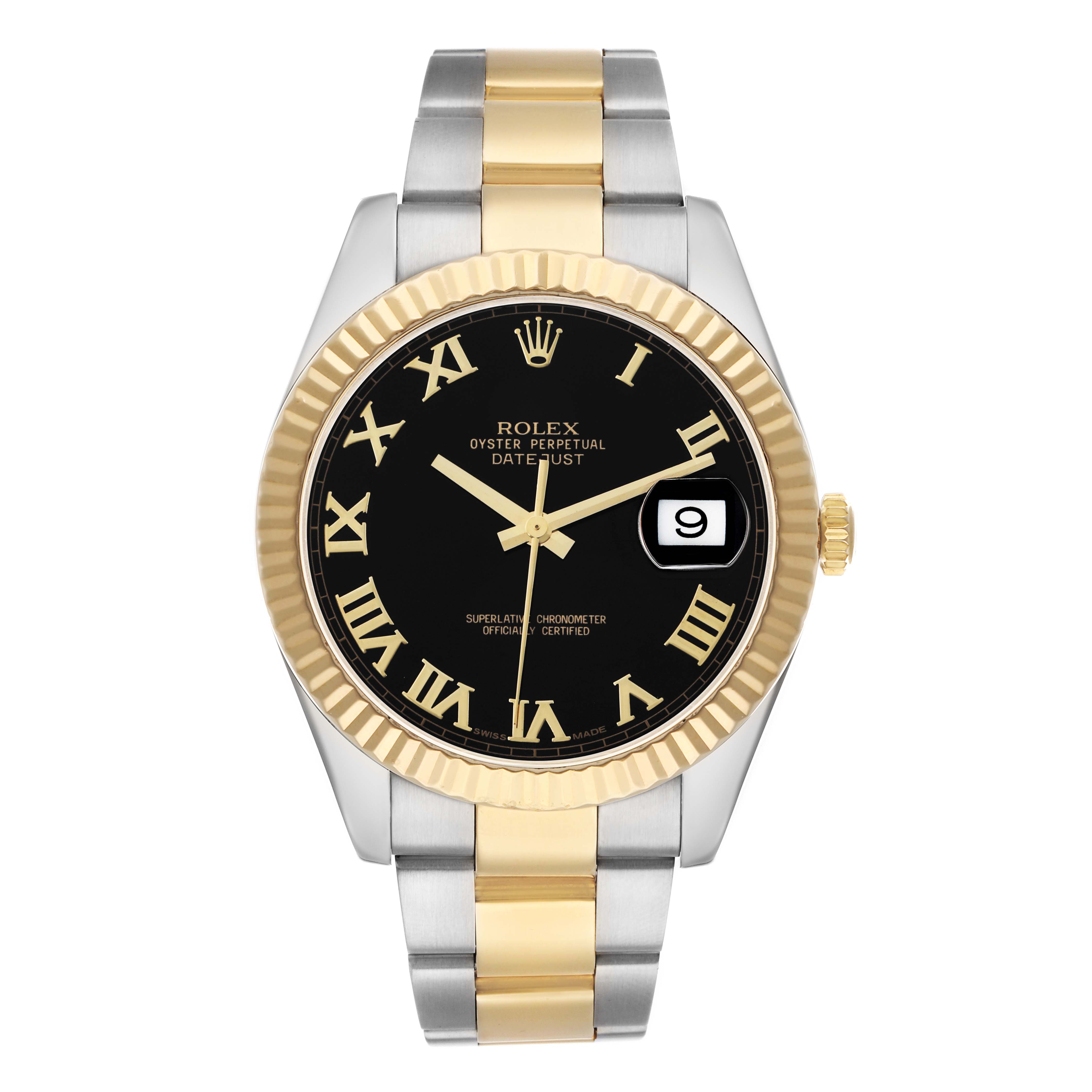 The Rolex Datejust 41 116333 Men
s Steel and Gold (two tone) Black Dial is shown from the front, displaying its black dial, golden bezel, and two-tone bracelet.