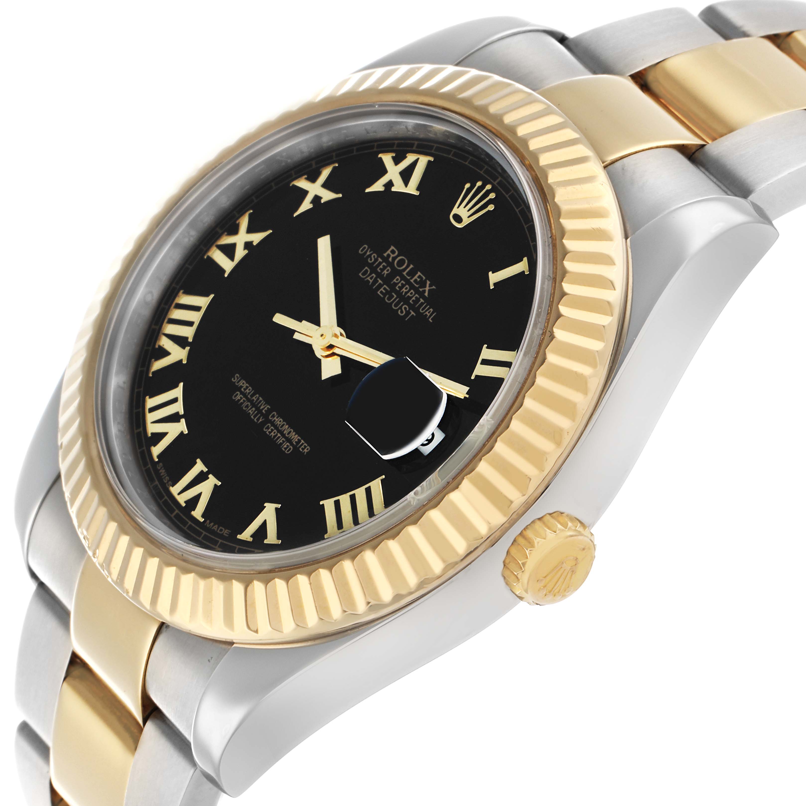 The Rolex Datejust 41 116333 Men
s Steel and Gold (two tone) Black Dial watch is shown at an angle highlighting its black dial, fluted bezel, crown, and two-tone bracelet.