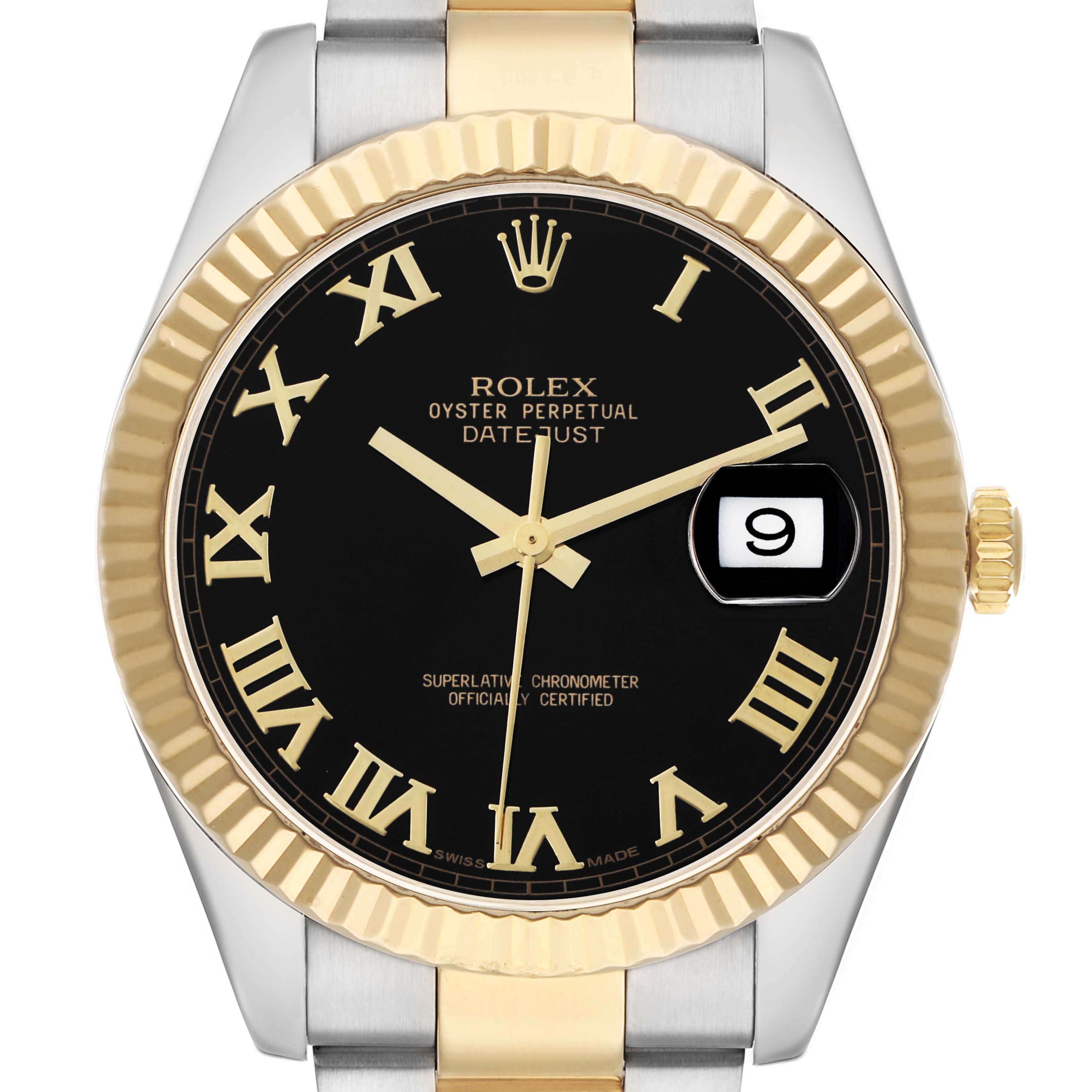 The Rolex Datejust 41 116333 Men
s Steel and Gold (two tone) Black Dial is shown from a front angle, highlighting the black dial, gold Roman numerals, two-tone bezel, and bracelet.