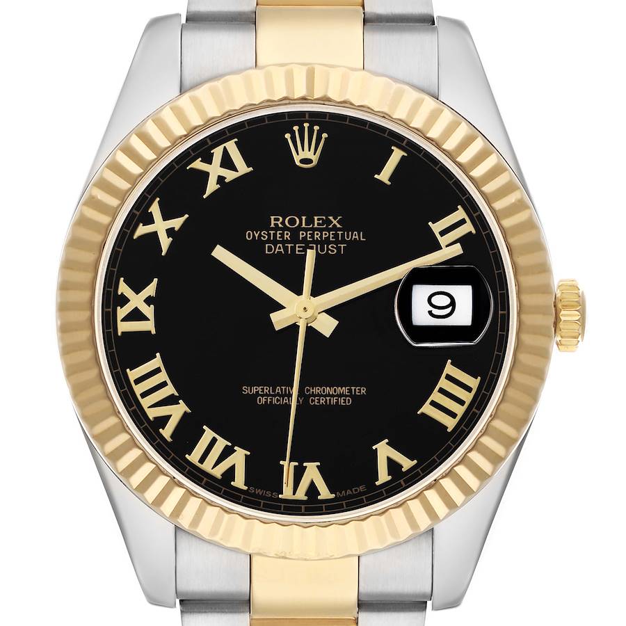 The Rolex Datejust 41 116333 Men's Steel and Gold (two tone) Black Dial is shown from a front angle, highlighting the black dial, gold Roman numerals, two-tone bezel, and bracelet.