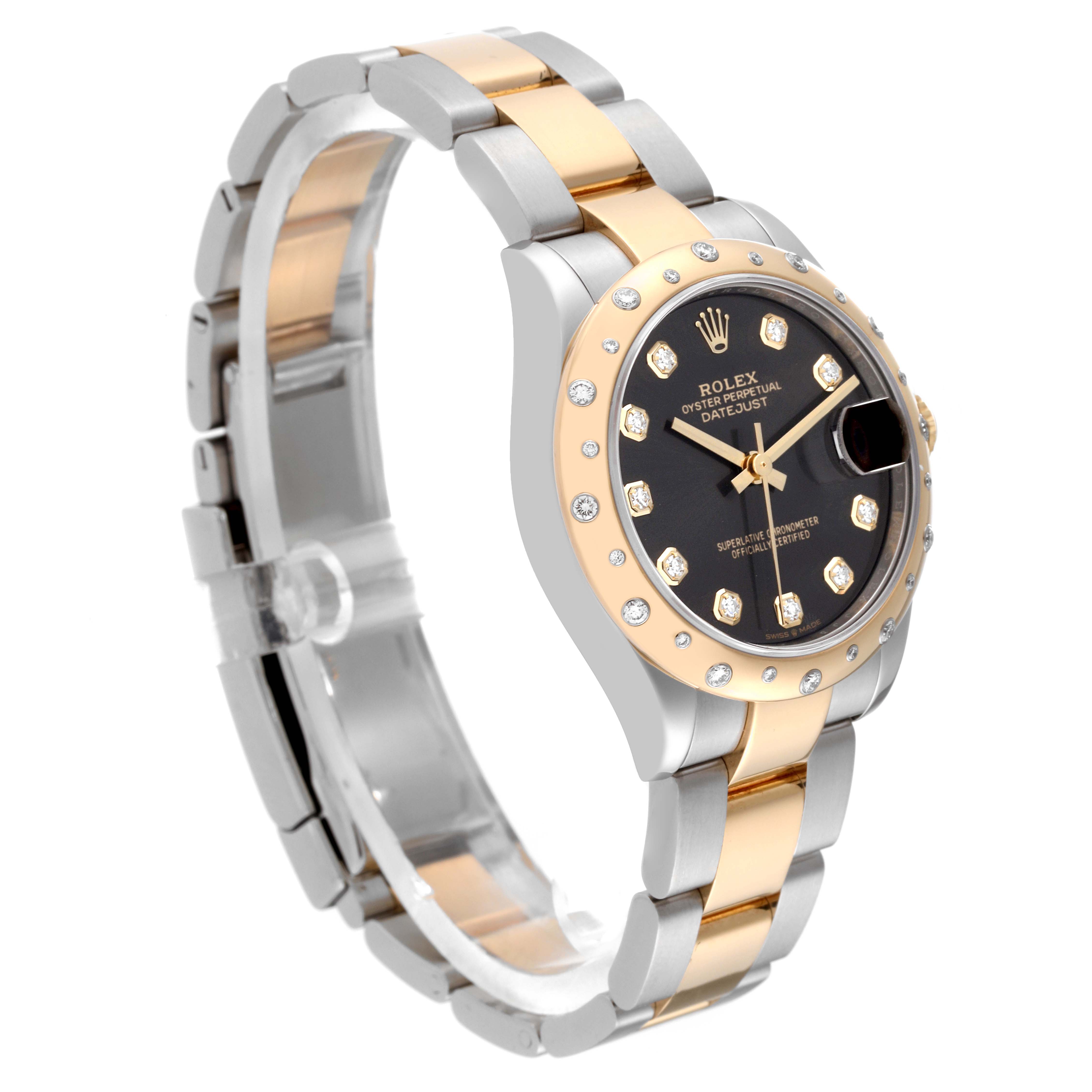This image shows a Rolex Mid-Size 278343 Women's Steel and Gold (two tone) Grey Dial 278343 Women's Steel and Gold (two tone) Grey Dial Datejust watch at an angled side view, highlighting its dial, bezel, and two-tone bracelet.