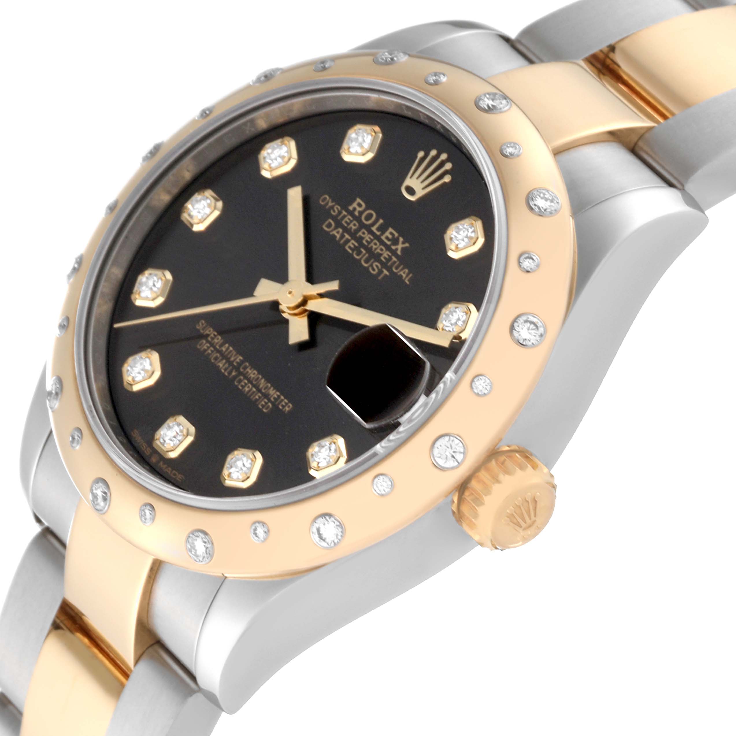 The image shows a close-up angle of a Rolex Mid-Size 278343 Women's Steel and Gold (two tone) Grey Dial 278343 Women's Steel and Gold (two tone) Grey Dial Datejust watch, highlighting the bezel, crown, and part of the bracelet.