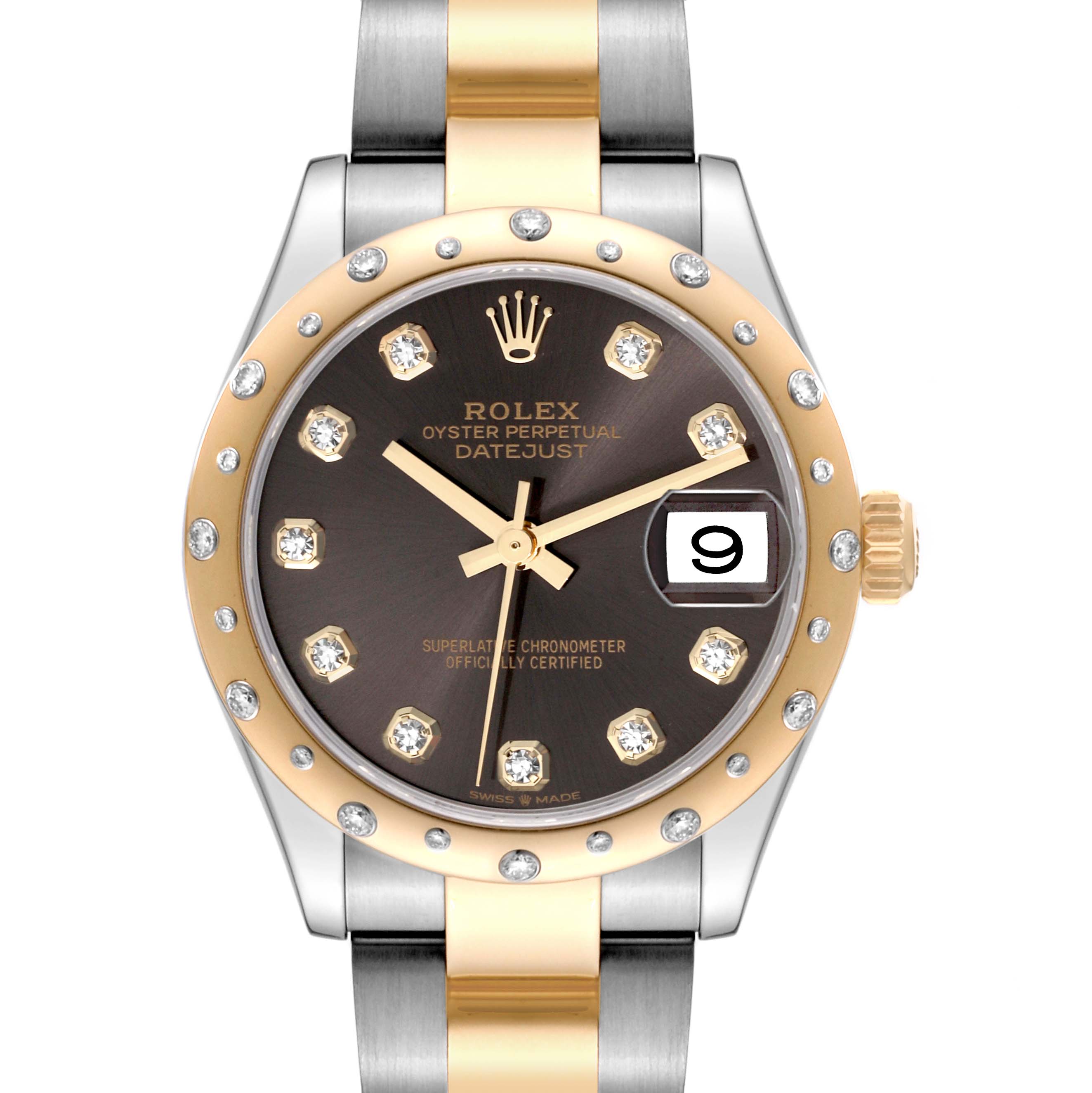 The image shows a front view of a Rolex Mid-Size 278343 Women's Steel and Gold (two tone) Grey Dial 278343 Women's Steel and Gold (two tone) Grey Dial Oyster Perpetual Datejust watch with a gold bezel, diamond markers, and a date display.
