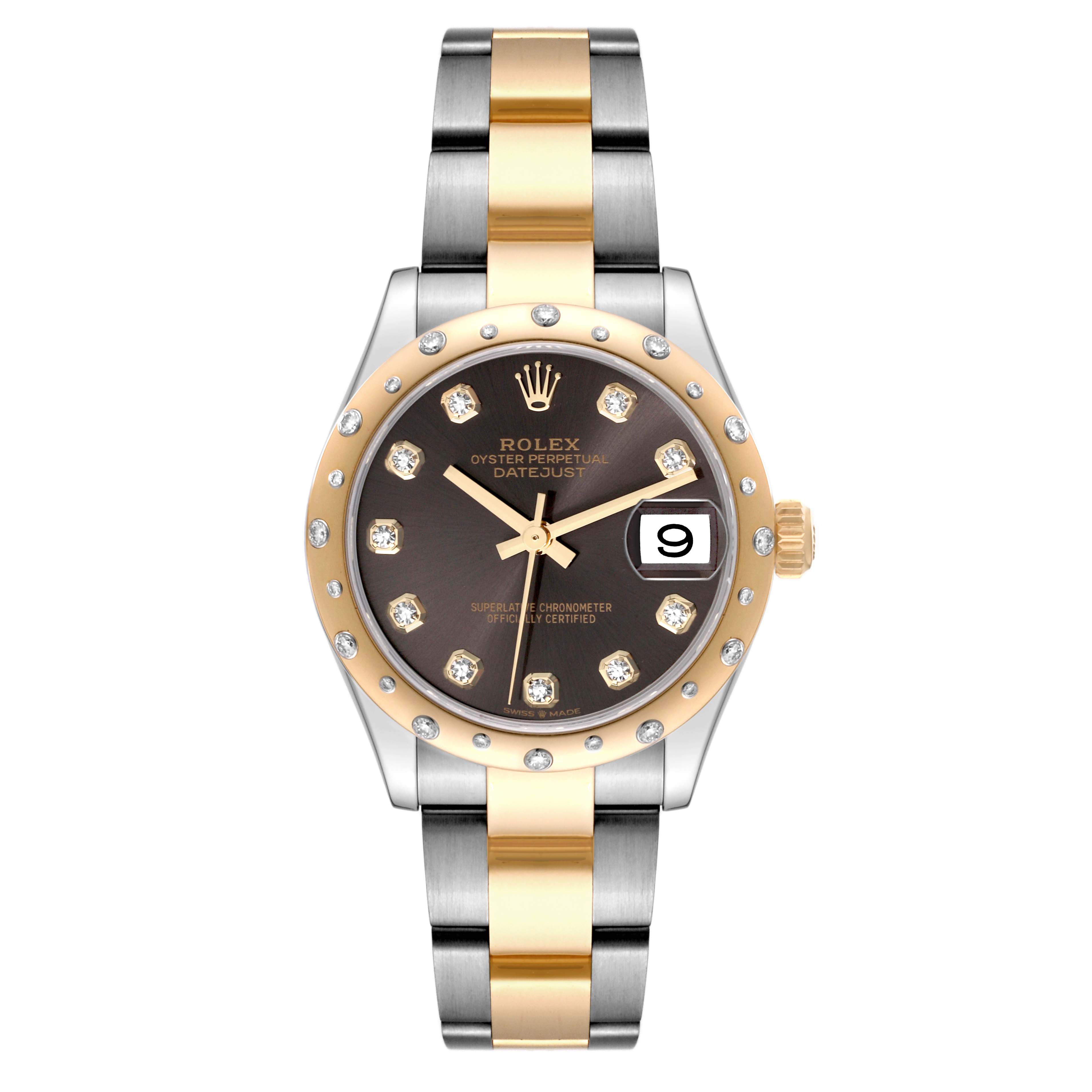 The Rolex Mid-Size 278343 Women's Steel and Gold (two tone) Grey Dial 278343 Women's Steel and Gold (two tone) Grey Dial Datejust watch is shown from a top-down angle, featuring its dial, bezel, bracelet, and date window.