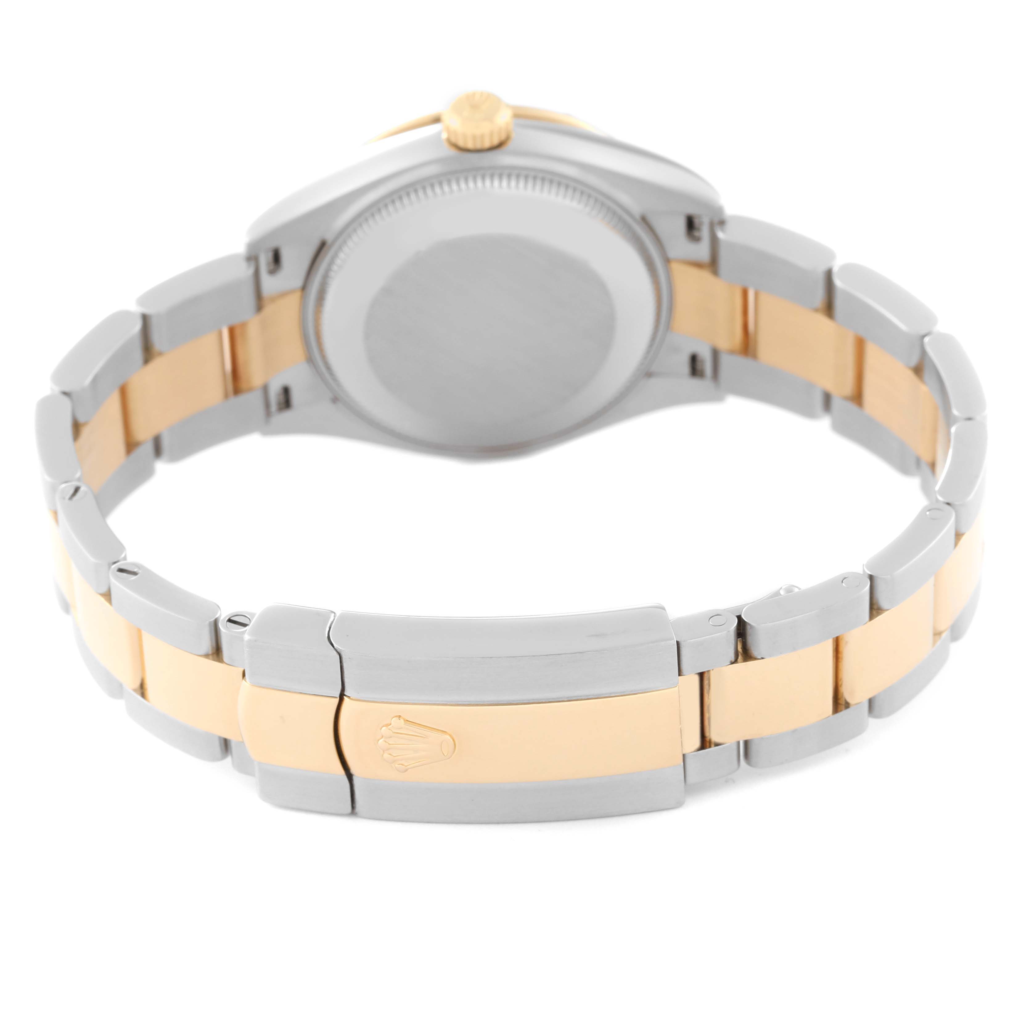 This image shows the back view of a Rolex Mid-Size 278343 Women's Steel and Gold (two tone) Grey Dial 278343 Women's Steel and Gold (two tone) Grey Dial model watch, highlighting its two-tone bracelet and the clasp with the Rolex logo.