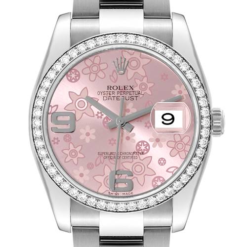 This image shows a front view of a Rolex Datejust model watch, highlighting its floral pink dial and diamond-encrusted bezel.