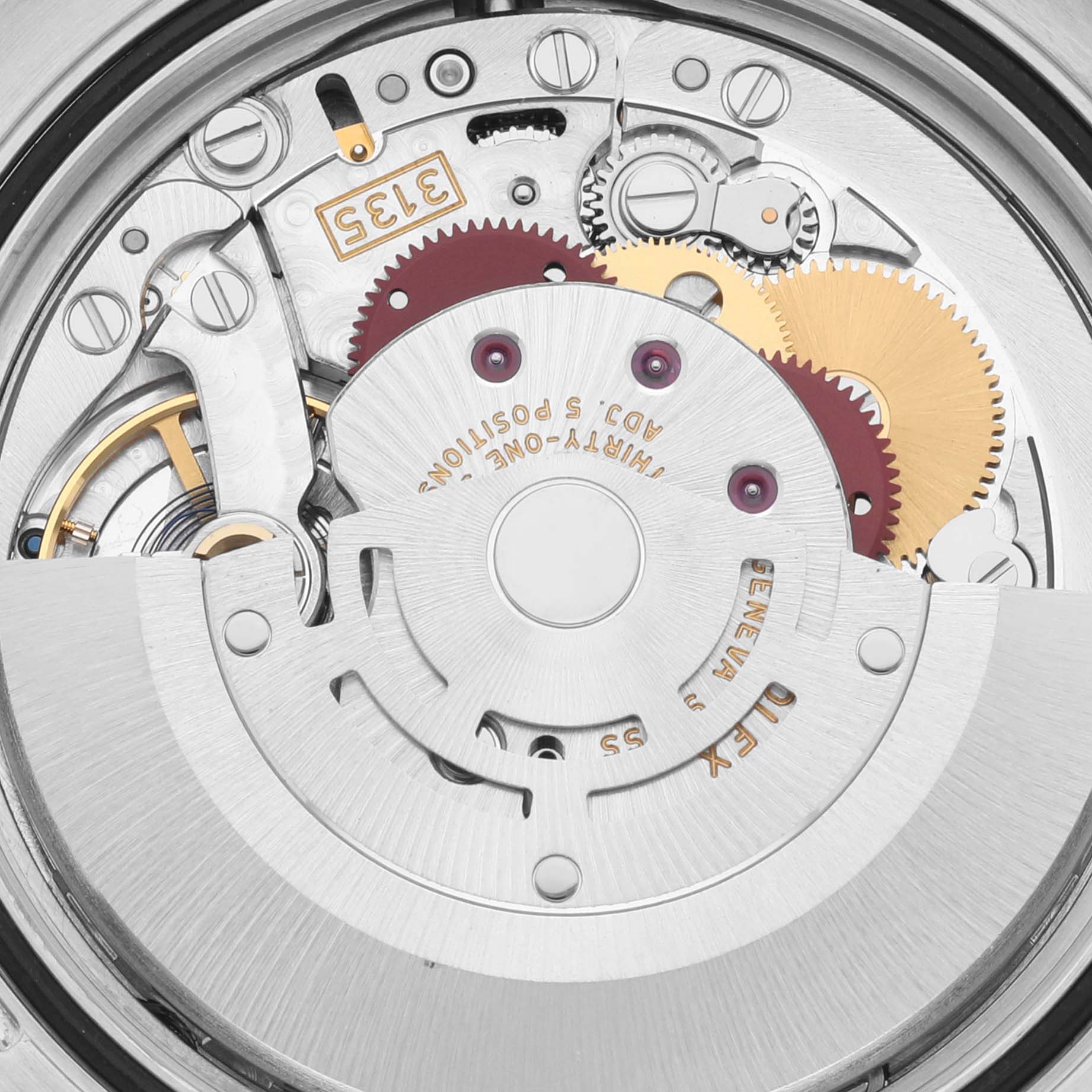 This image shows the intricate movement mechanism of the Rolex Datejust 116244 Men's Steel and Gold (two tone) Pink Dial 116244 Men's Steel and Gold (two tone) Pink Dial watch, viewed from the back.