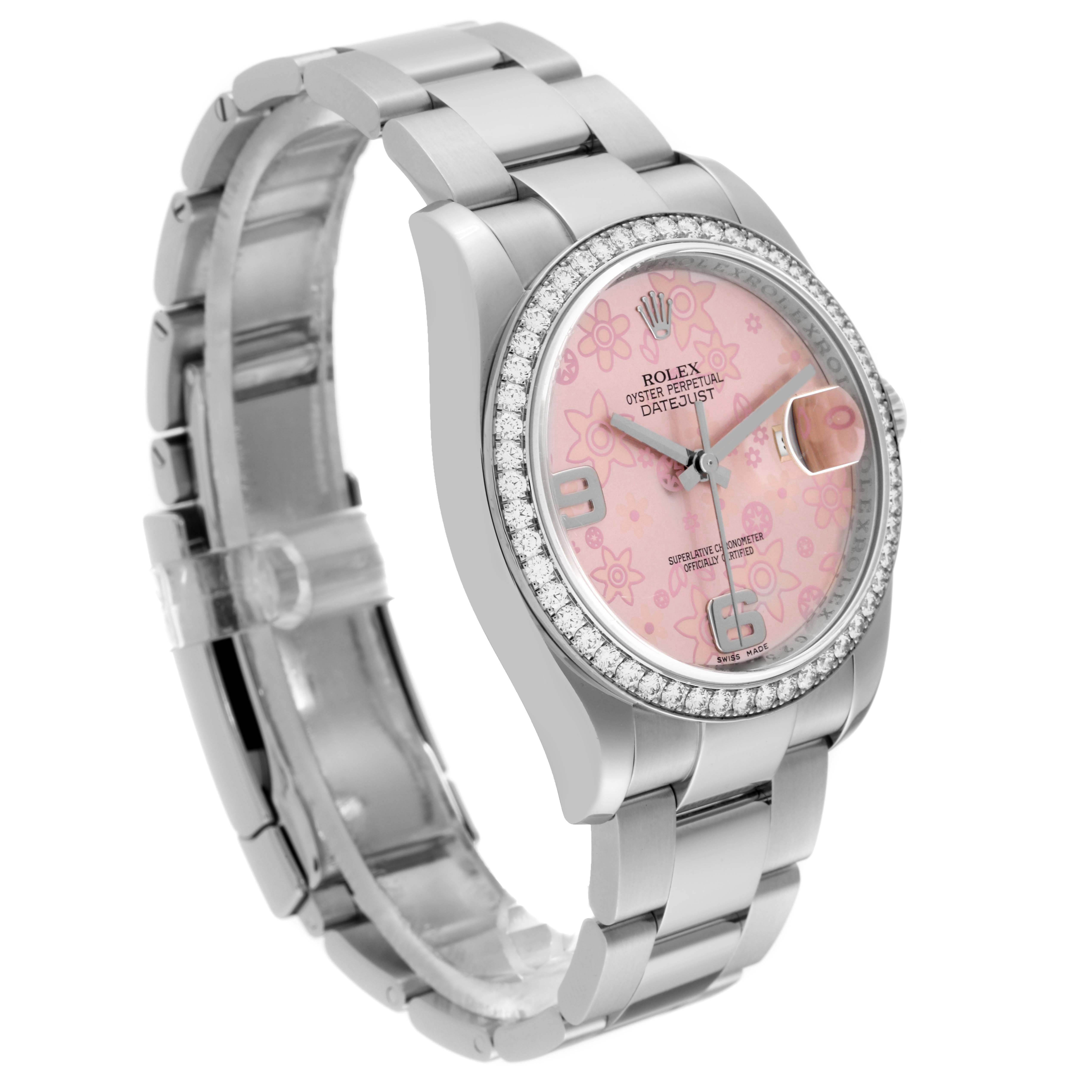 This Rolex Datejust 116244 Men's Steel and Gold (two tone) Pink Dial 116244 Men's Steel and Gold (two tone) Pink Dial model watch is shown at an oblique angle, displaying its pink dial, bezel, and part of the bracelet.