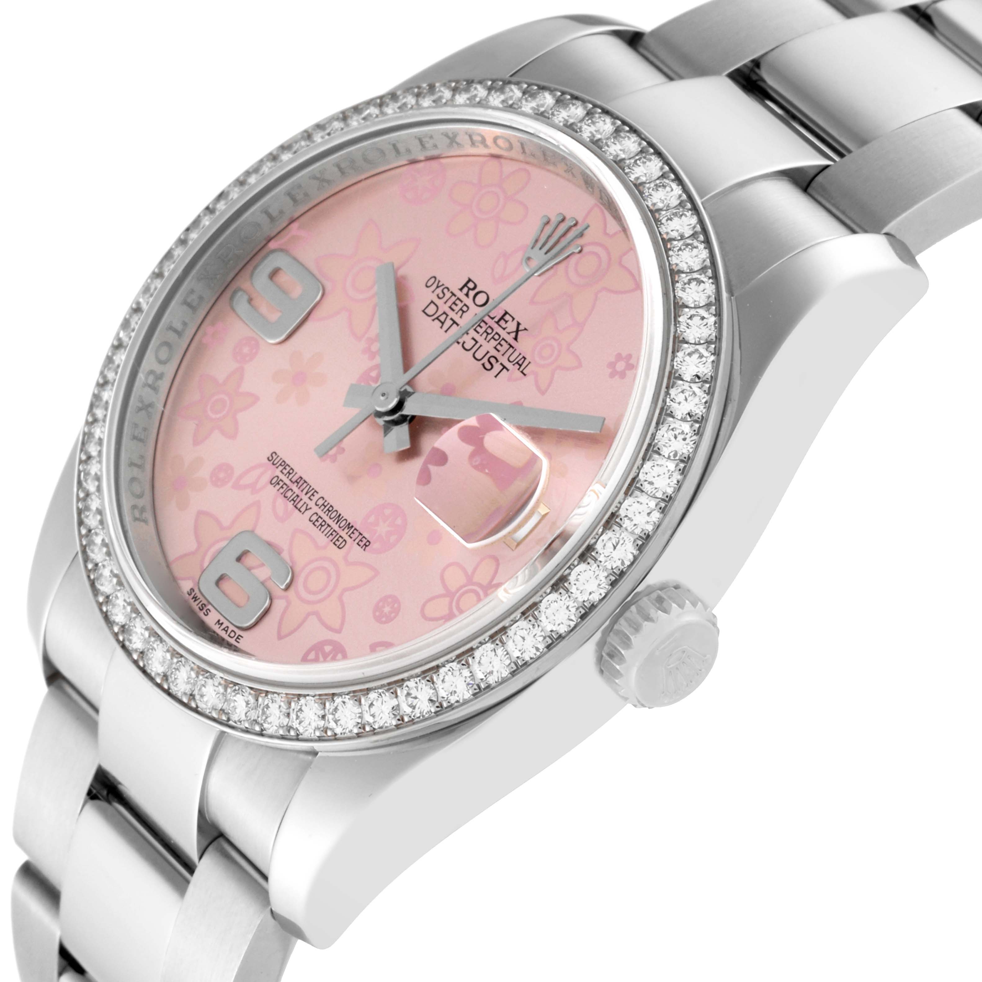 The image shows the left-side angle of a Rolex Datejust 116244 Men's Steel and Gold (two tone) Pink Dial 116244 Men's Steel and Gold (two tone) Pink Dial watch, highlighting its pink floral dial, diamond bezel, and stainless steel bracelet.