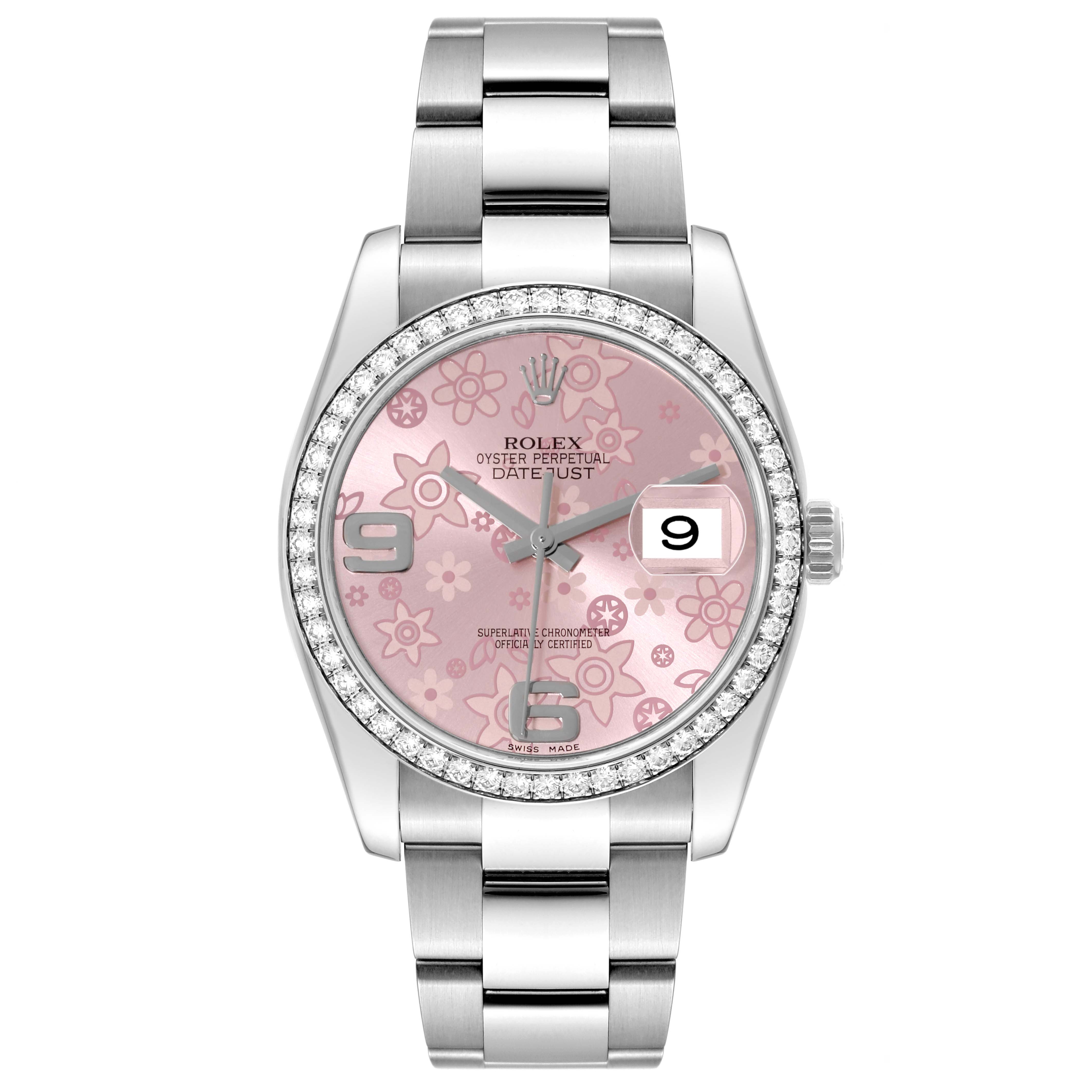This image showcases a frontal view of a Rolex Datejust 116244 Men's Steel and Gold (two tone) Pink Dial 116244 Men's Steel and Gold (two tone) Pink Dial watch, featuring a pink floral dial and a stainless steel bracelet.