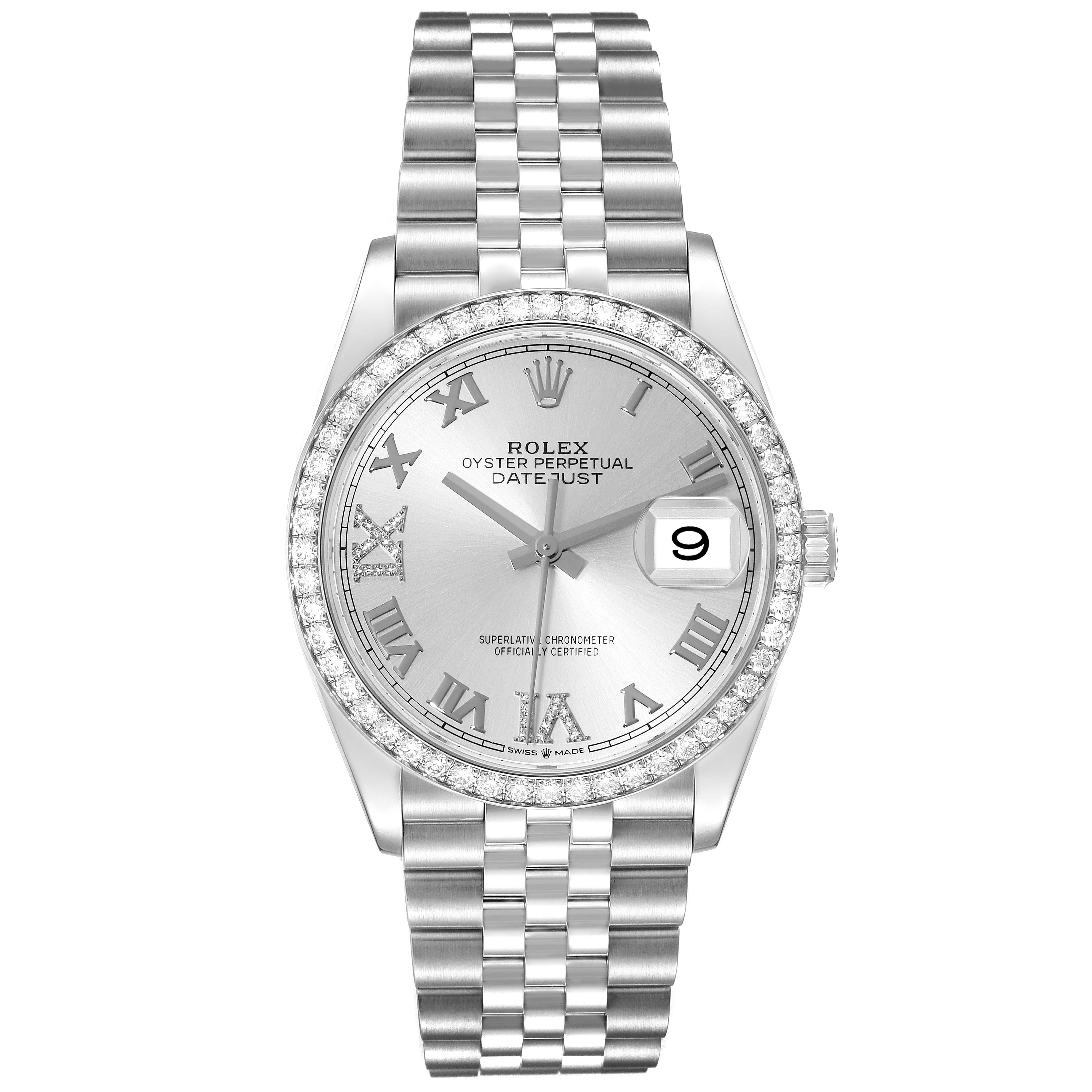 This image shows a front view of a Rolex Datejust 126284 Men's Stainless Steel Silver Dial 126284 Men's Stainless Steel Silver Dial watch, displaying its dial, hour markers, date window, and bracelet.