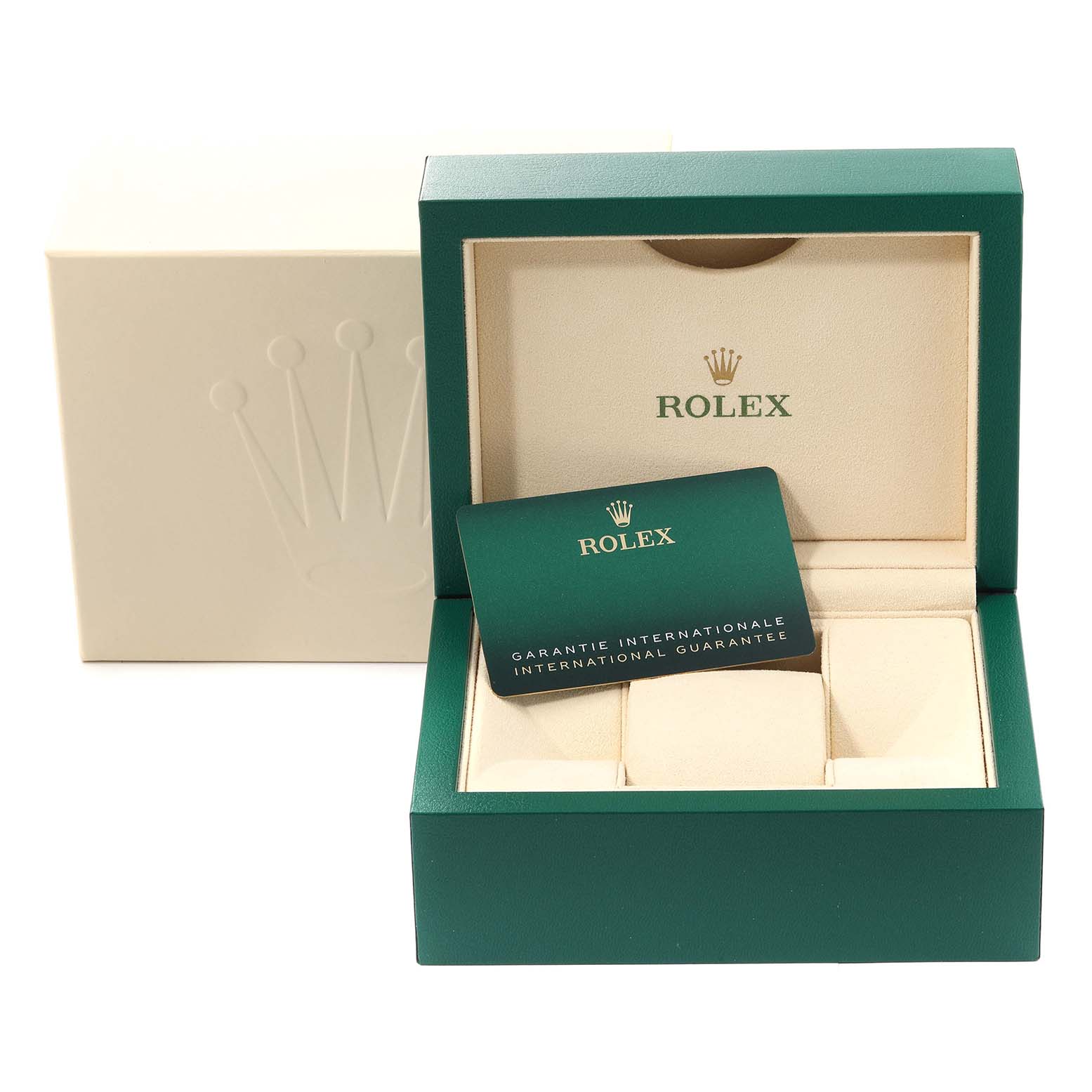 The image shows a green and beige presentation box for a Rolex Datejust 126284 Men's Stainless Steel Silver Dial 126284 Men's Stainless Steel Silver Dial watch, with the international guarantee card displayed inside.