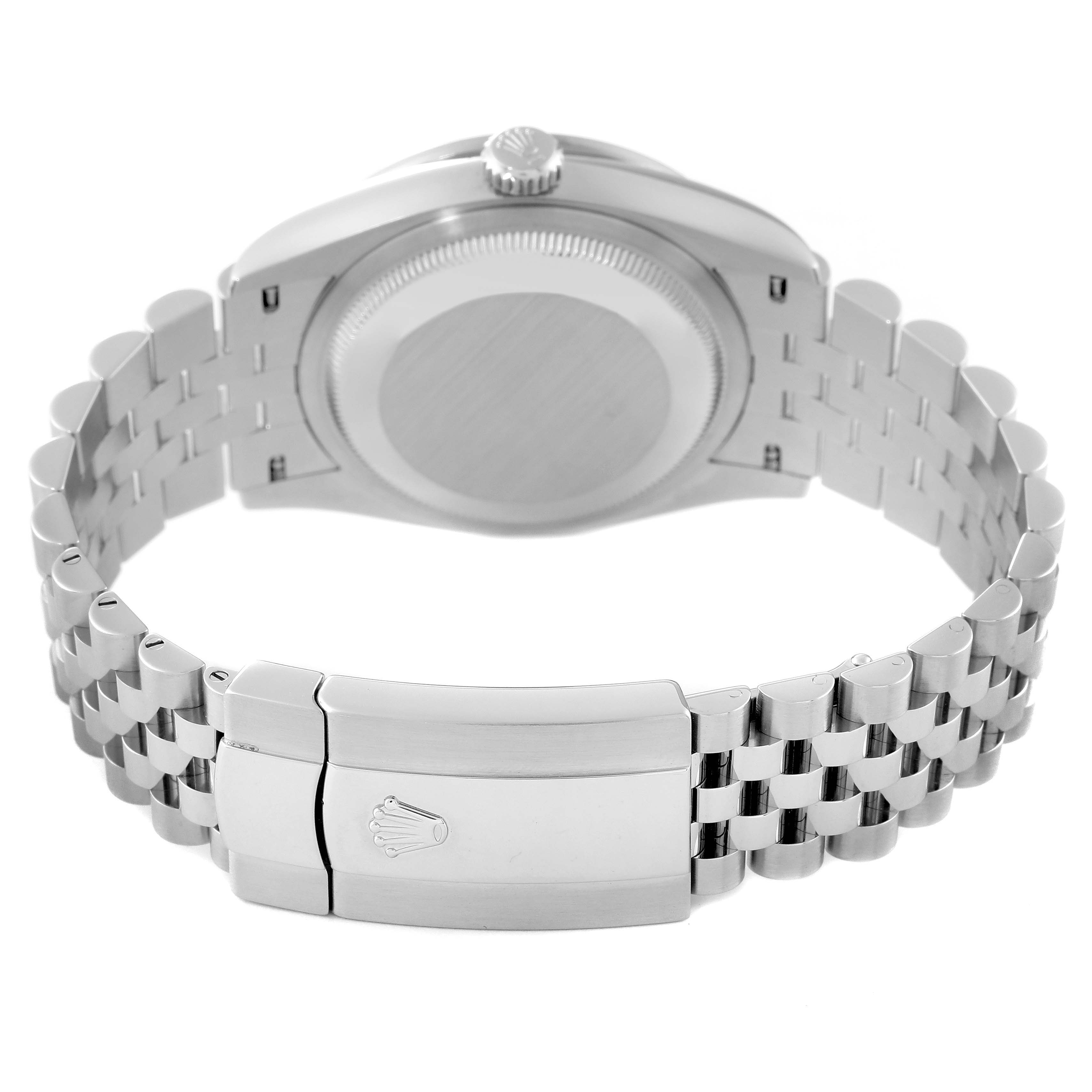 This image shows the back view of a Rolex Datejust 126284 Men's Stainless Steel Silver Dial 126284 Men's Stainless Steel Silver Dial watch, highlighting the case, crown, and the jubilee bracelet with clasp.
