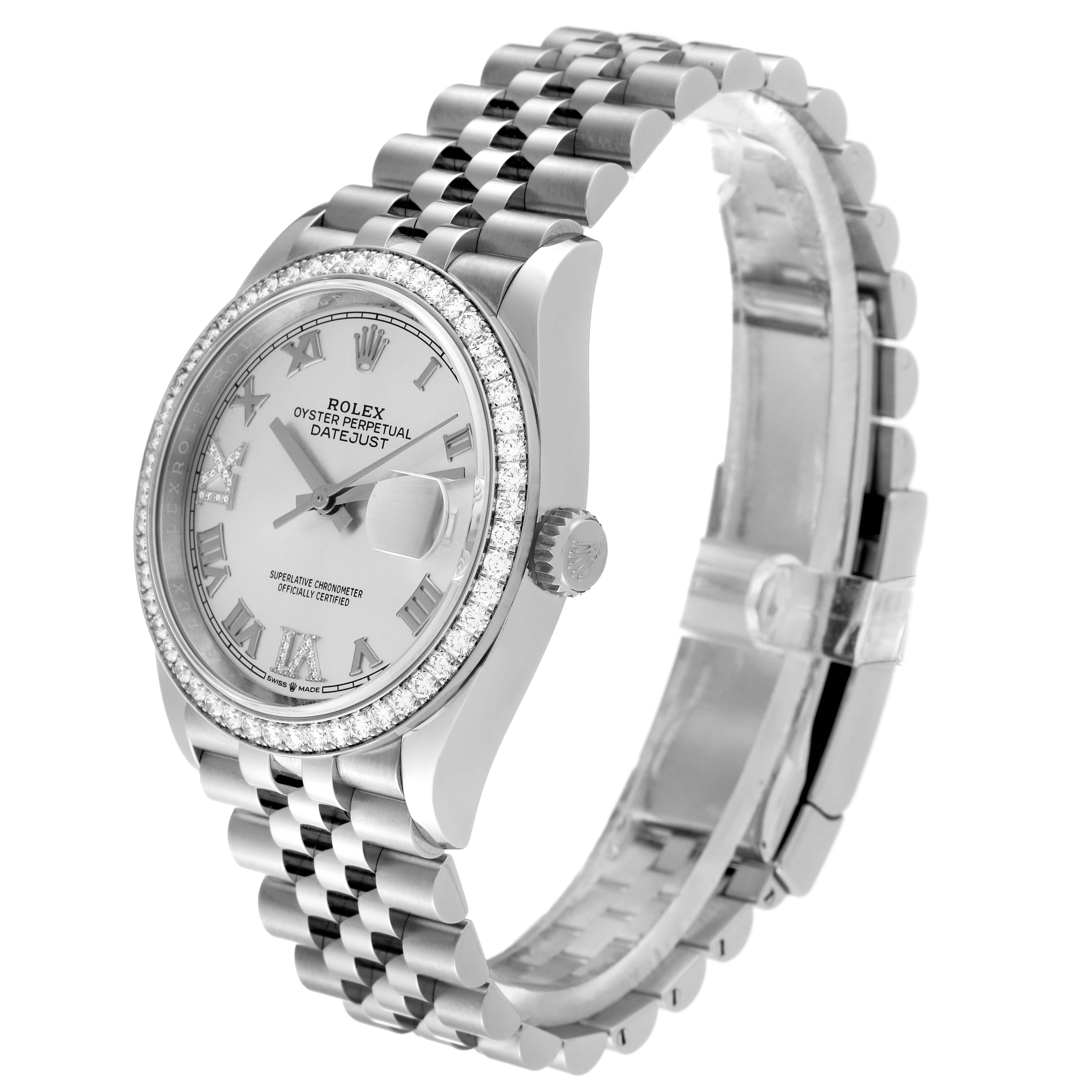 The image shows a Rolex Datejust 126284 Men's Stainless Steel Silver Dial 126284 Men's Stainless Steel Silver Dial watch at a 3/4 angle, highlighting its bezel, dial, bracelet, and crown.