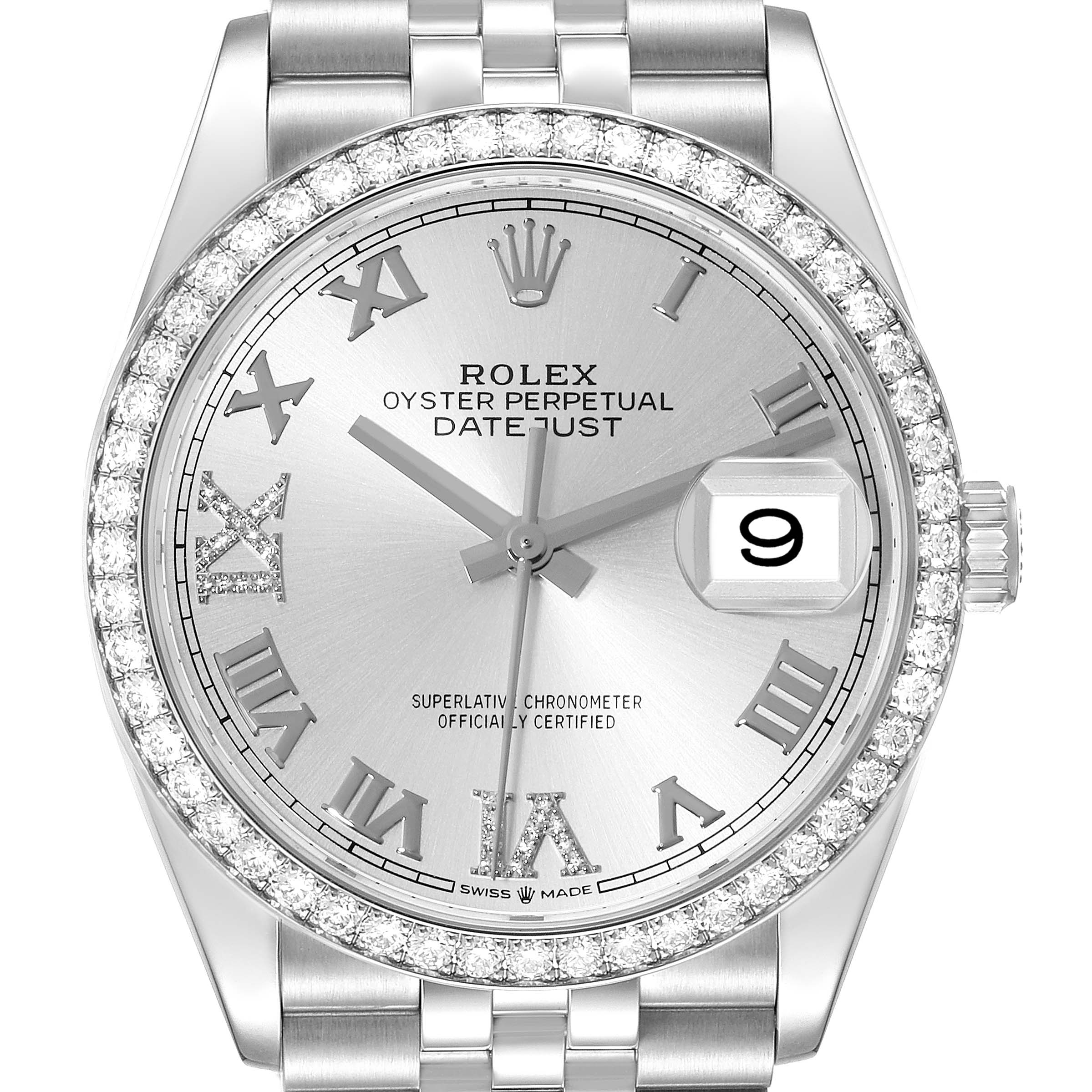 The image shows a frontal view of the Rolex Datejust 126284 Men's Stainless Steel Silver Dial 126284 Men's Stainless Steel Silver Dial watch, highlighting the face, bezel, crown, and part of the bracelet.