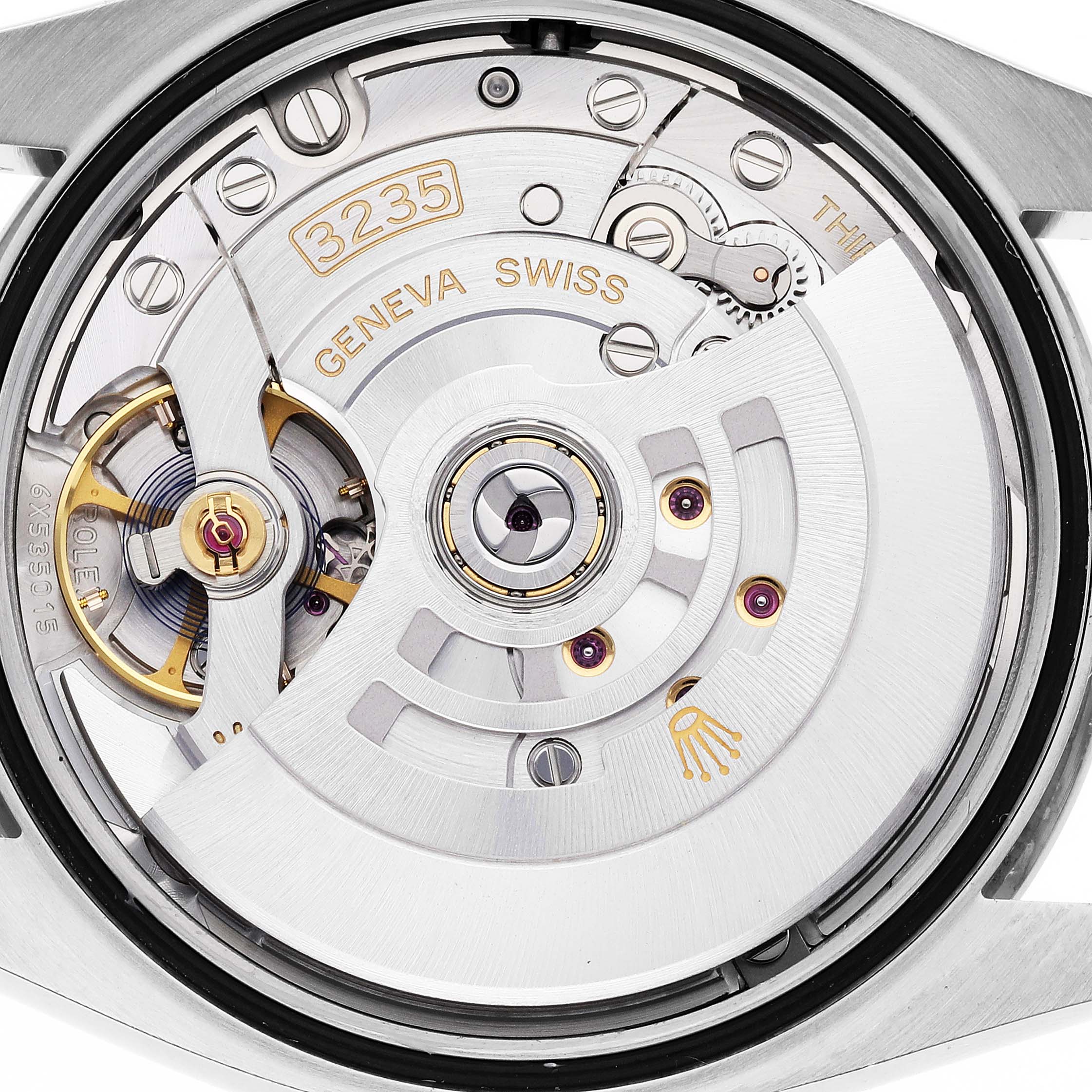 This image shows a close-up of the movement mechanism of a Rolex Datejust 126284 Men's Stainless Steel Silver Dial 126284 Men's Stainless Steel Silver Dial watch, focusing on the 3235 calibre.