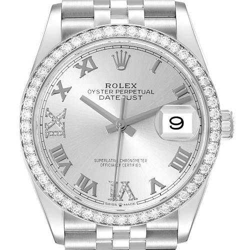 The image shows a front view of the Rolex Datejust watch, highlighting its dial, bezel, and bracelet.