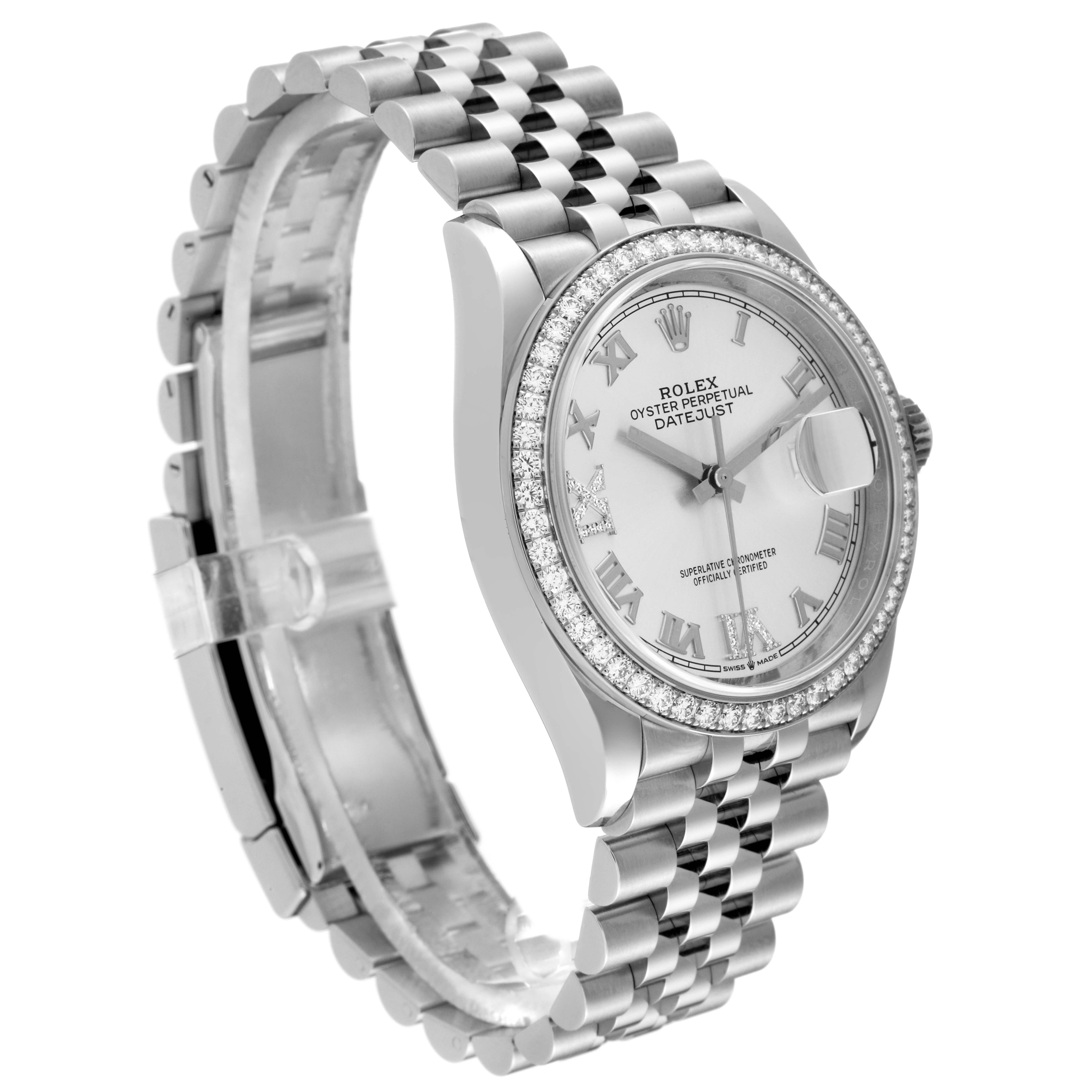 The Rolex Datejust 126284 Men's Stainless Steel Silver Dial 126284 Men's Stainless Steel Silver Dial watch is shown at a slight angle, highlighting the face, bezel, and bracelet.
