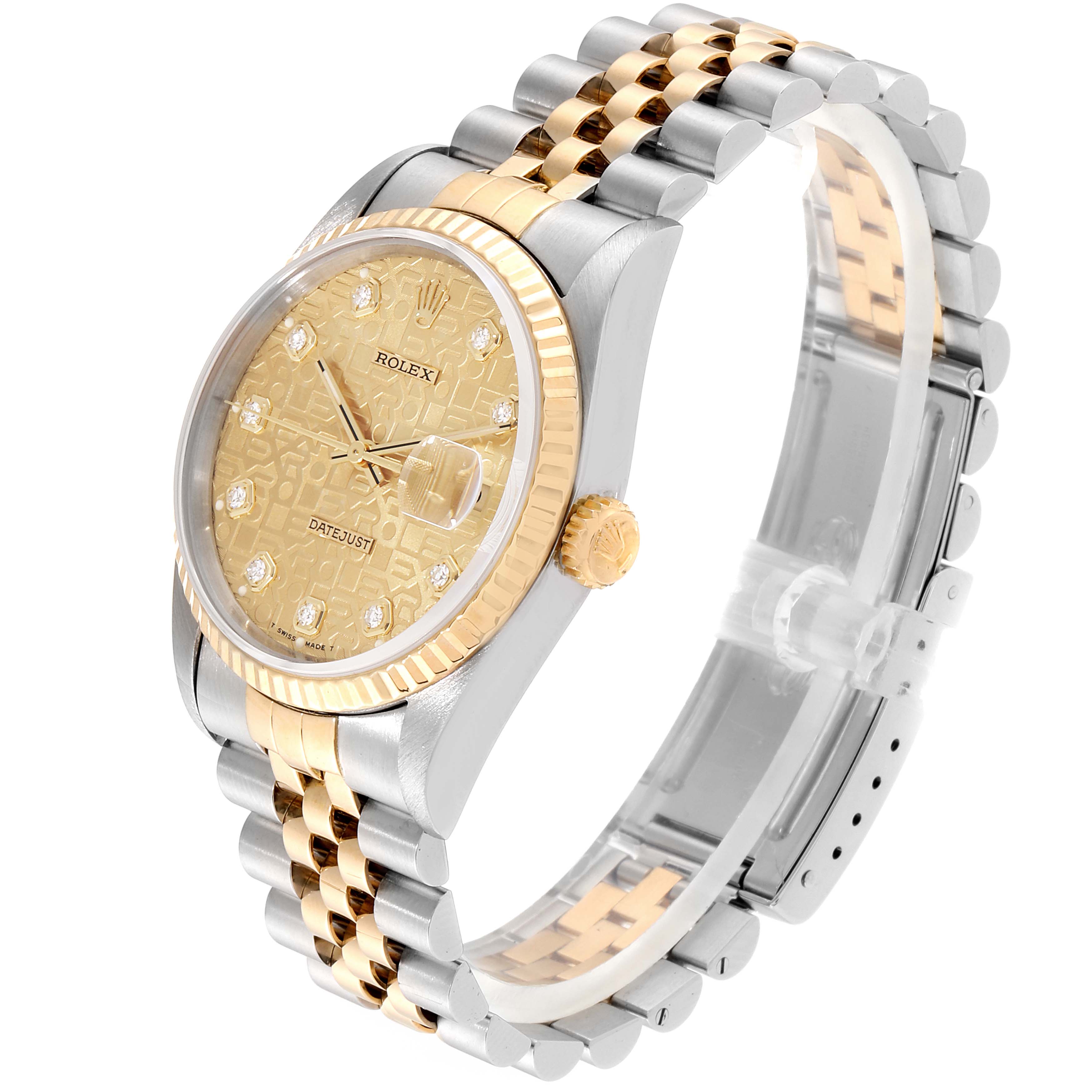 The image shows a side view of a Rolex Datejust 16233 Men
s Steel and Gold (two tone) Champagne Dial 16233 Men
s Steel and Gold (two tone) Champagne Dial watch, highlighting its gold dial, bezel, and two-tone bracelet.
