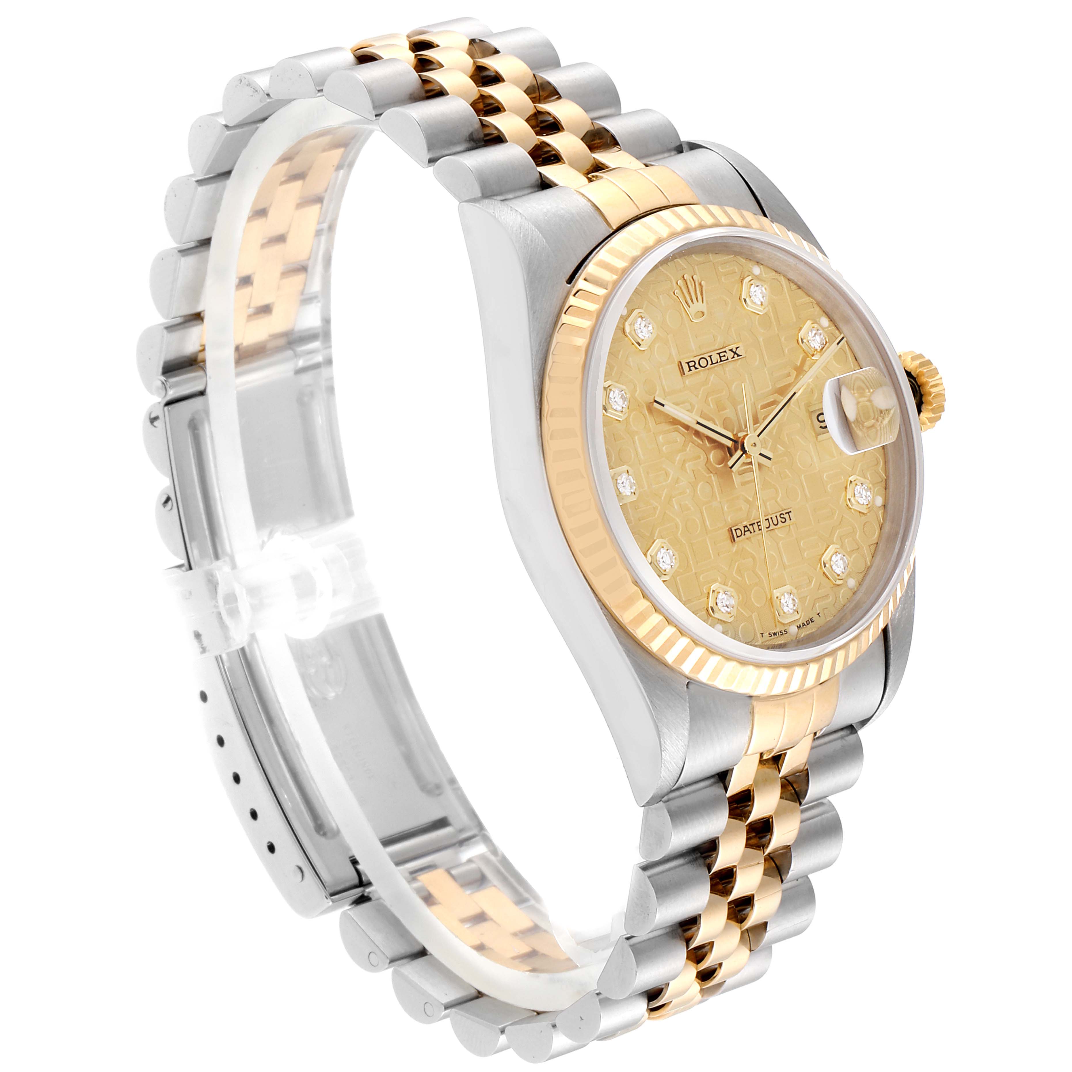 This image shows a Rolex Datejust 16233 Men
s Steel and Gold (two tone) Champagne Dial 16233 Men
s Steel and Gold (two tone) Champagne Dial watch from an angled side view, highlighting its dial, case, bezel, and two-tone bracelet.
