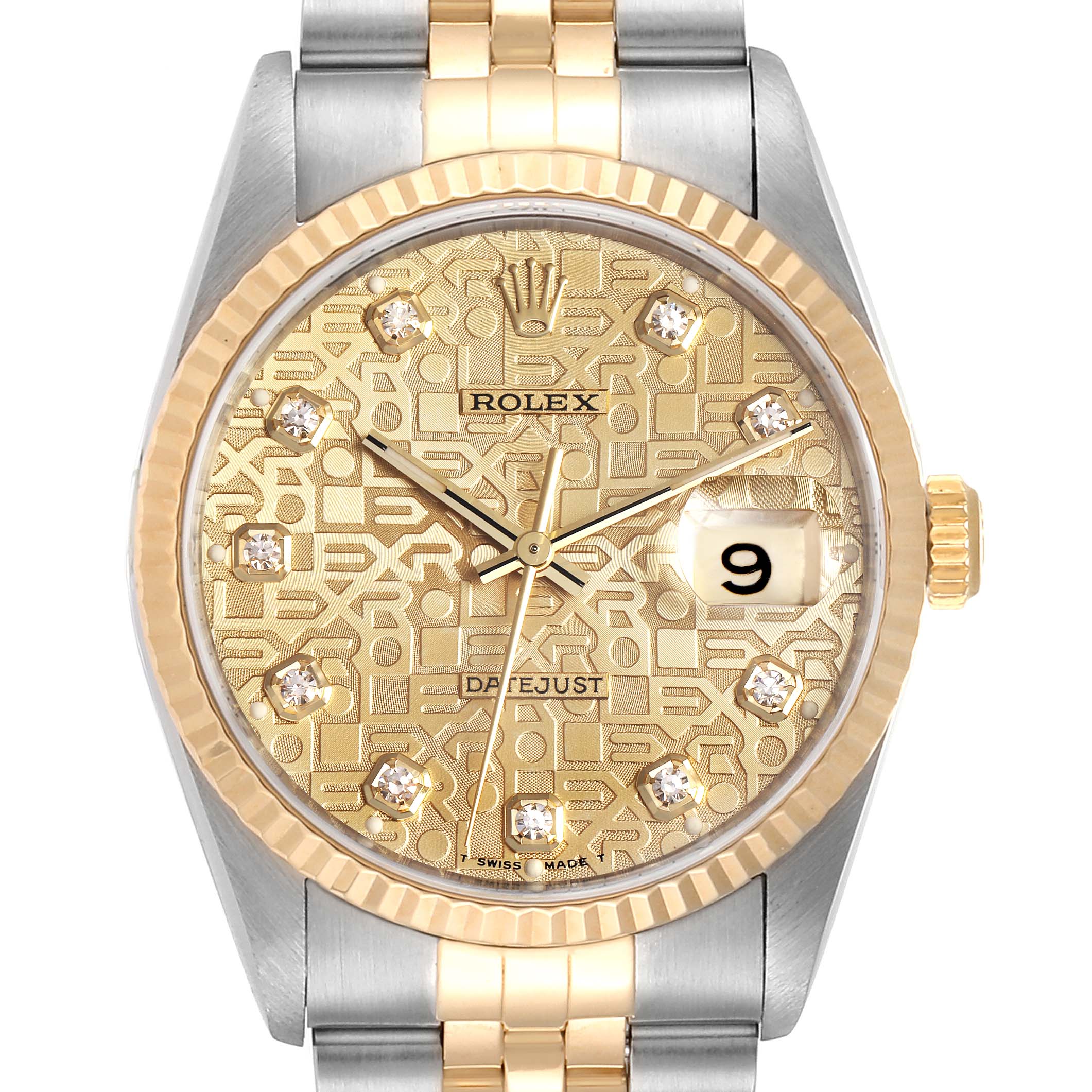 The image shows a front view of a Rolex Datejust 16233 Men
s Steel and Gold (two tone) Champagne Dial 16233 Men
s Steel and Gold (two tone) Champagne Dial watch, highlighting the dial, bezel, and part of the bracelet.