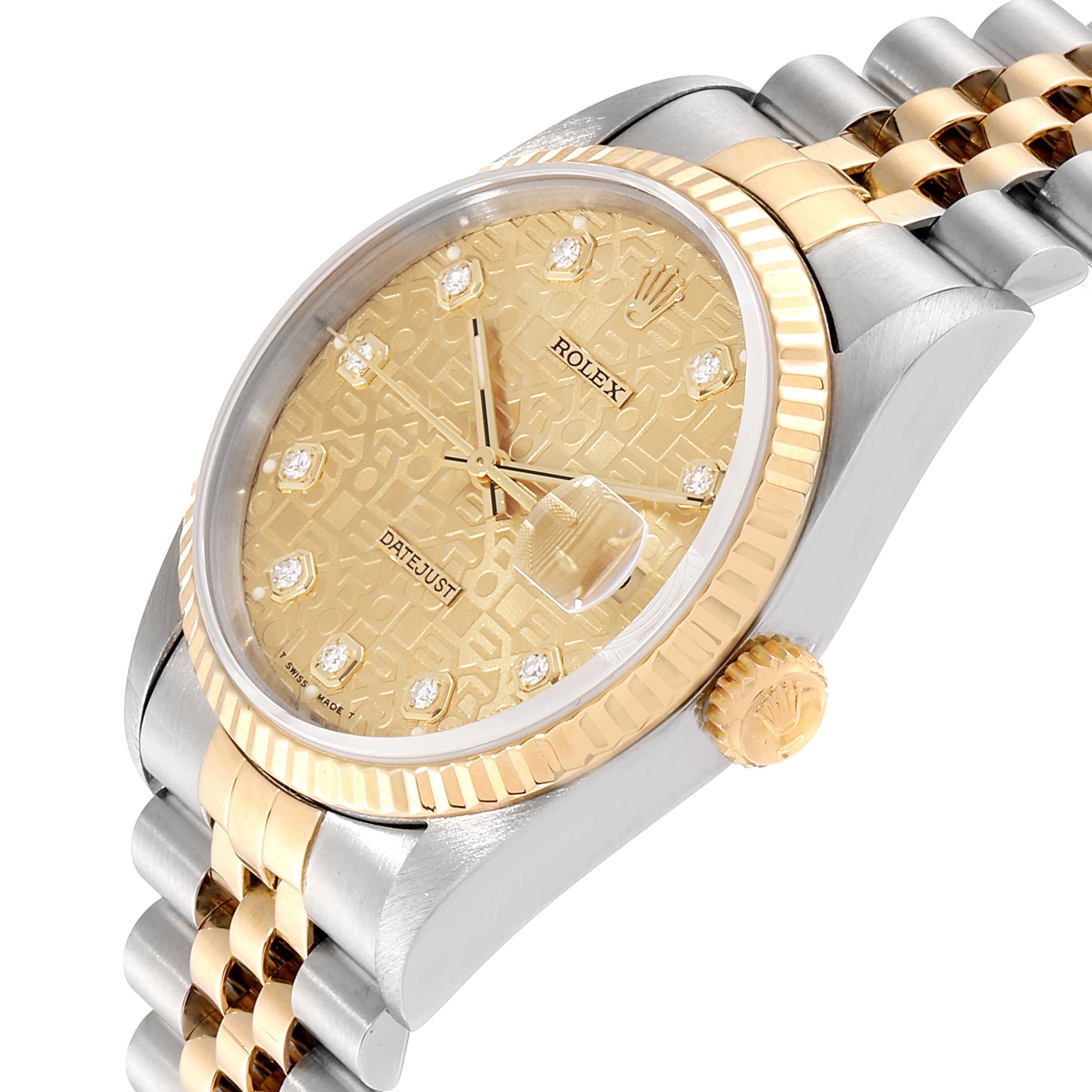 The image shows the Rolex Datejust 16233 Men
s Steel and Gold (two tone) Champagne Dial 16233 Men
s Steel and Gold (two tone) Champagne Dial watch at an angle highlighting its gold and silver bracelet, crown, and champagne dial with diamond markers.