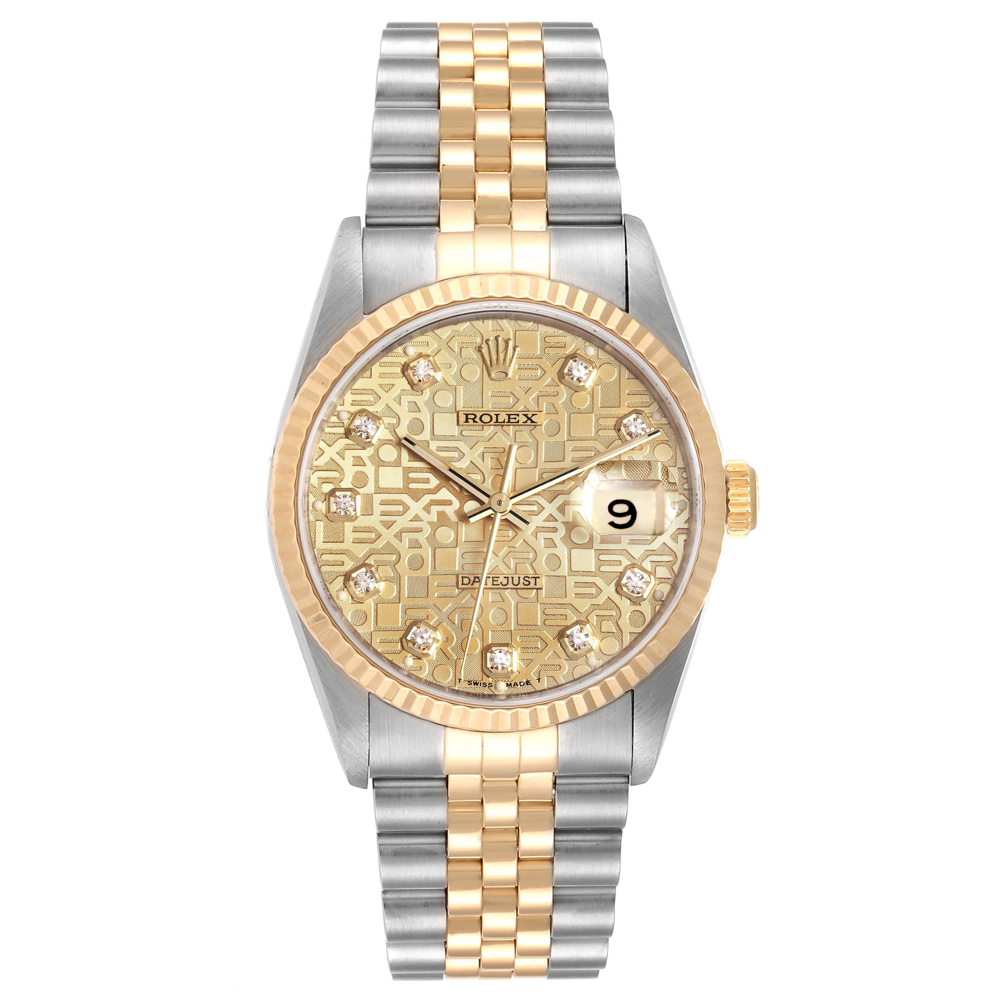 This image shows a front-angle view of a Rolex Datejust 16233 Men
s Steel and Gold (two tone) Champagne Dial 16233 Men
s Steel and Gold (two tone) Champagne Dial watch, highlighting the dial, bezel, and bracelet.