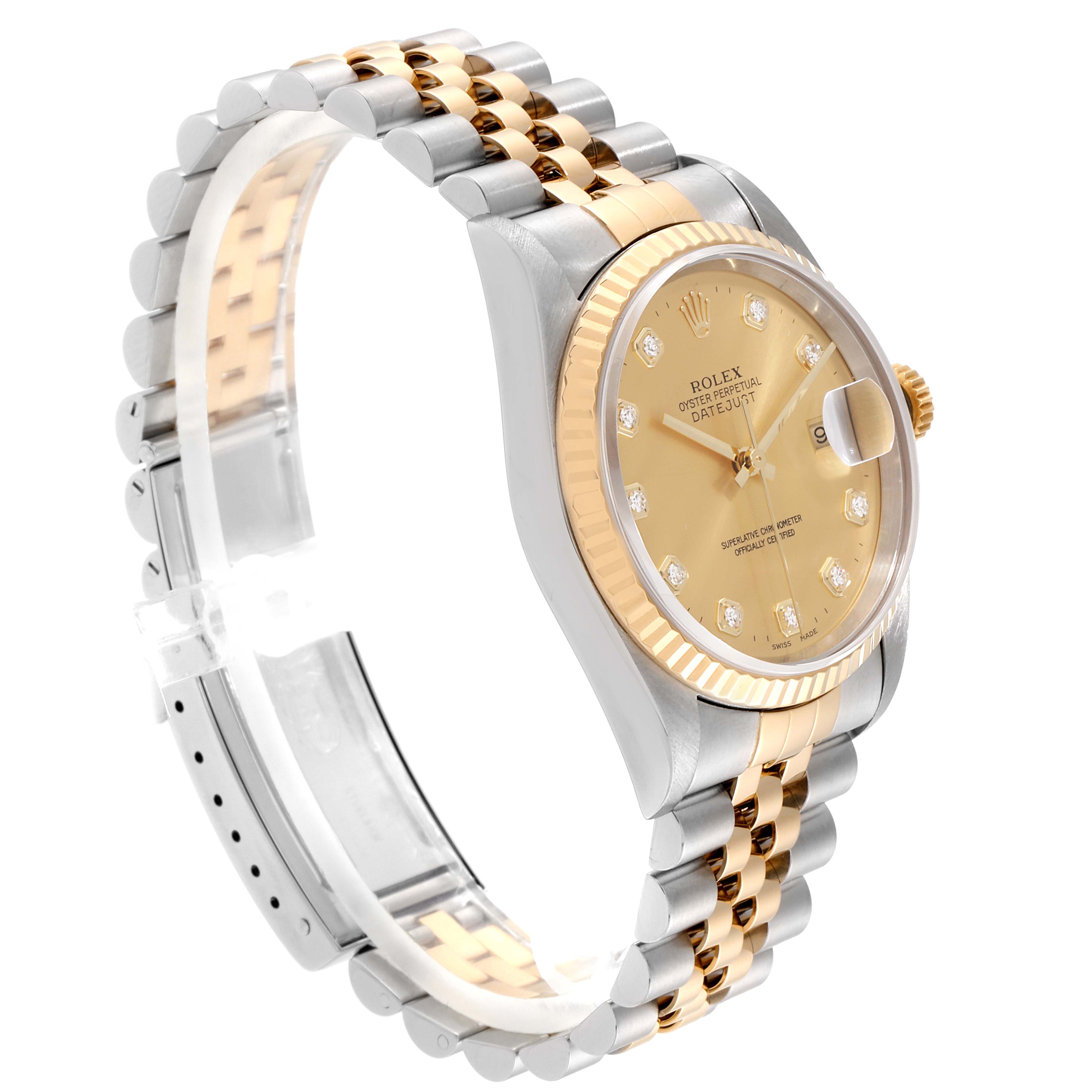 The image shows a side angle view of a Rolex Datejust 16233 Men
s Steel and Gold (two tone) Champagne Dial 16233 Men
s Steel and Gold (two tone) Champagne Dial watch, highlighting its two-tone bracelet, case, and champagne dial.