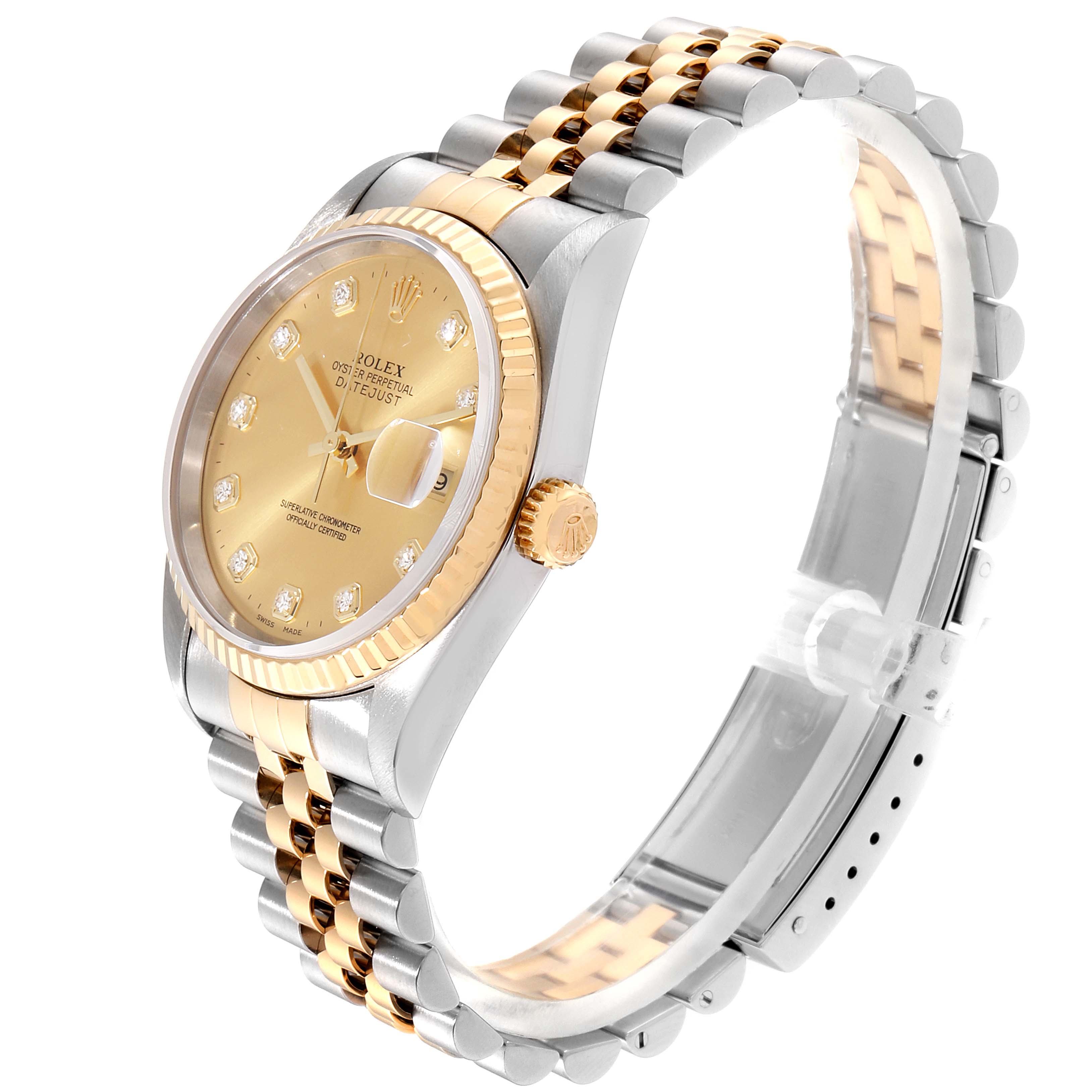 The image shows a side angle view of a Rolex Datejust 16233 Men
s Steel and Gold (two tone) Champagne Dial 16233 Men
s Steel and Gold (two tone) Champagne Dial watch, highlighting its dial, bezel, and bracelet.