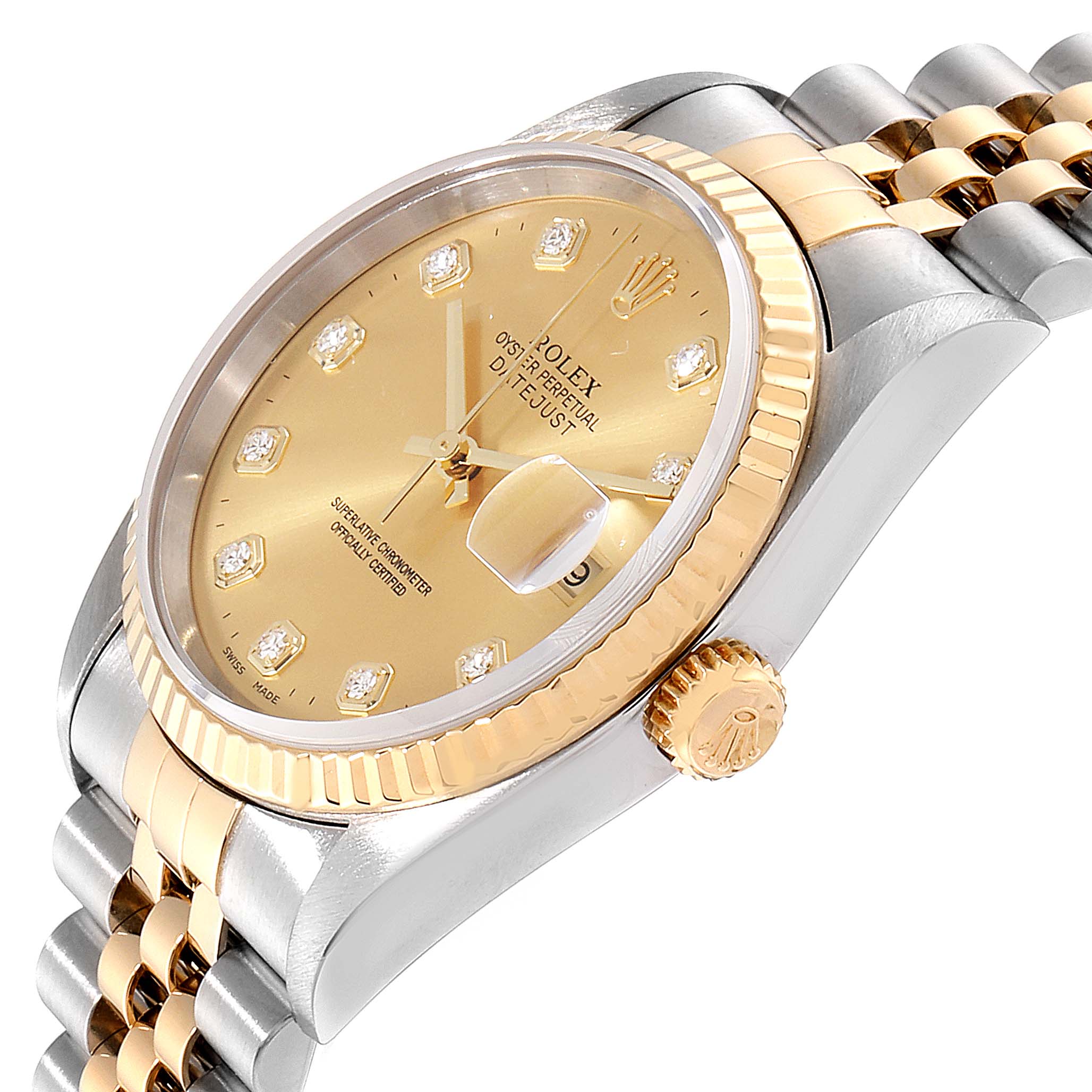 The image shows a Rolex Datejust 16233 Men
s Steel and Gold (two tone) Champagne Dial 16233 Men
s Steel and Gold (two tone) Champagne Dial watch angled to display its gold dial, diamond markers, bezel, crown, and Jubilee bracelet.