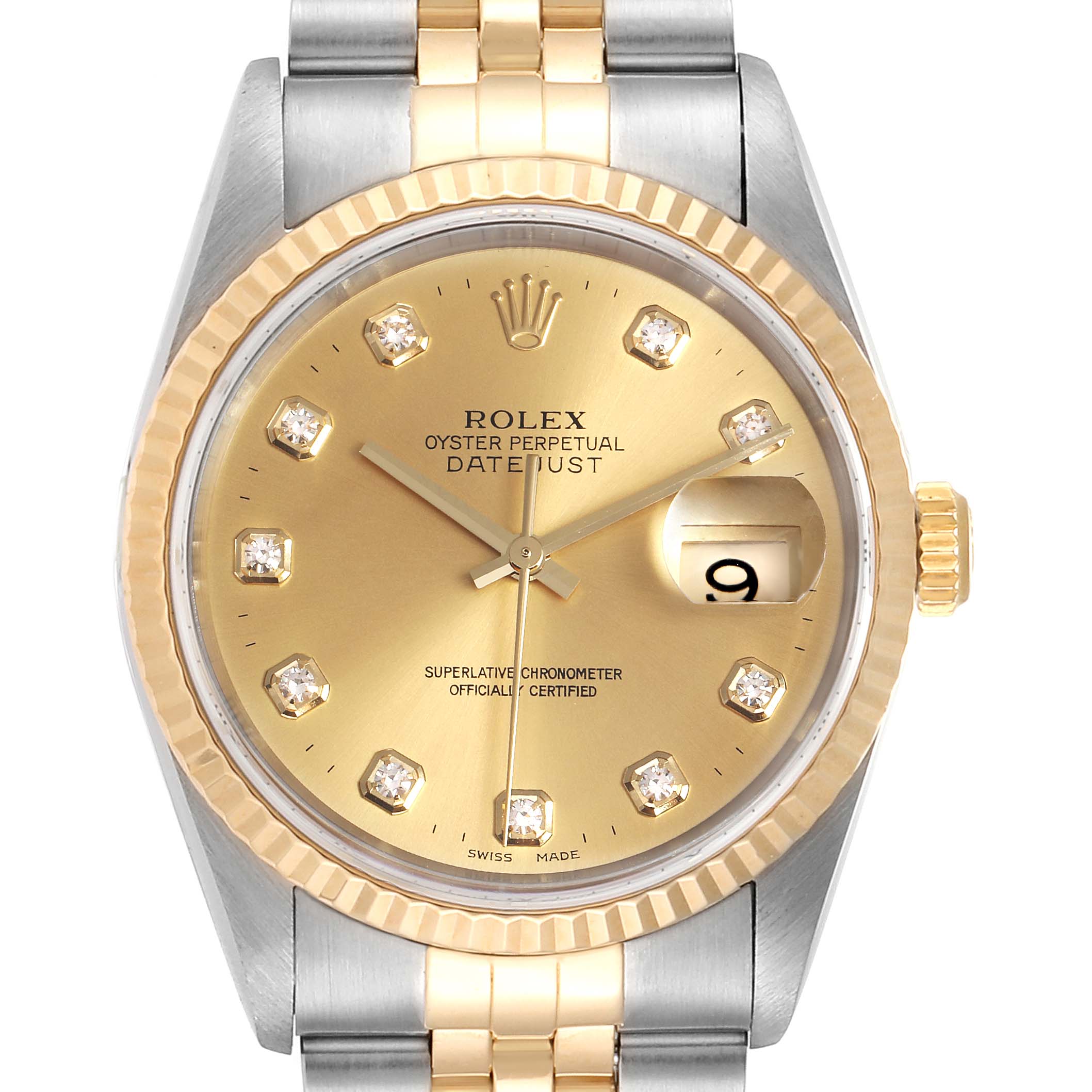 The image shows a front view of the Rolex Datejust 16233 Men
s Steel and Gold (two tone) Champagne Dial 16233 Men
s Steel and Gold (two tone) Champagne Dial watch with a gold and steel bracelet and a gold dial.
