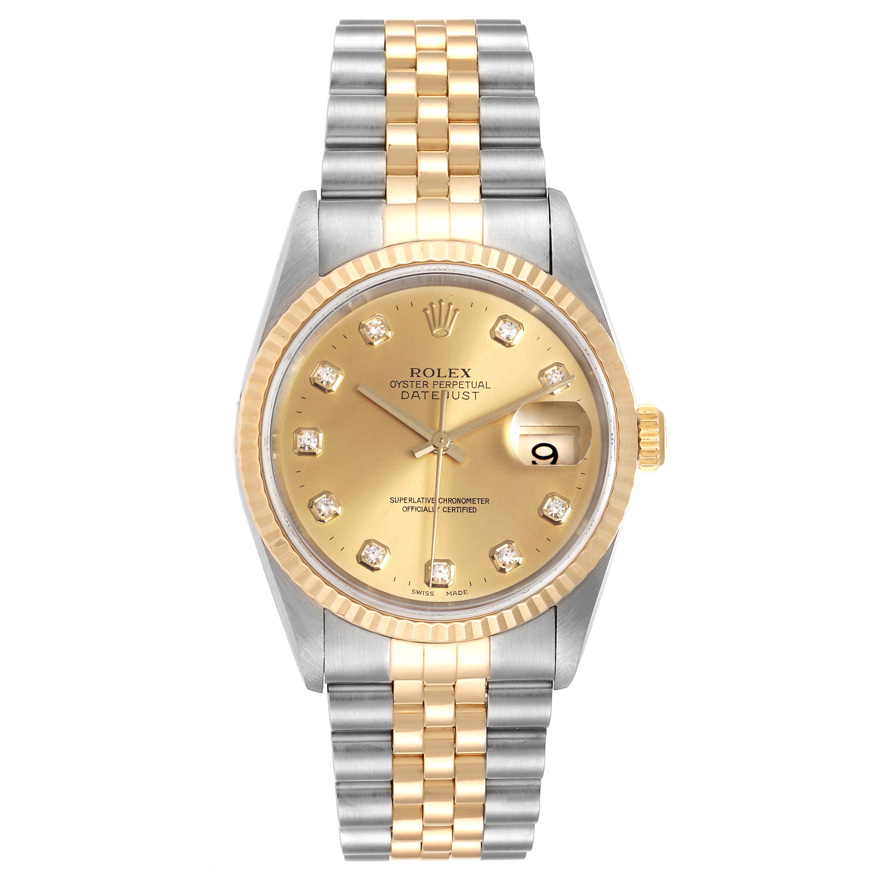 This image shows a front view of a Rolex Datejust 16233 Men
s Steel and Gold (two tone) Champagne Dial 16233 Men
s Steel and Gold (two tone) Champagne Dial watch featuring a gold dial, diamond hour markers, and a two-tone Oystersteel and yellow gold bracelet.