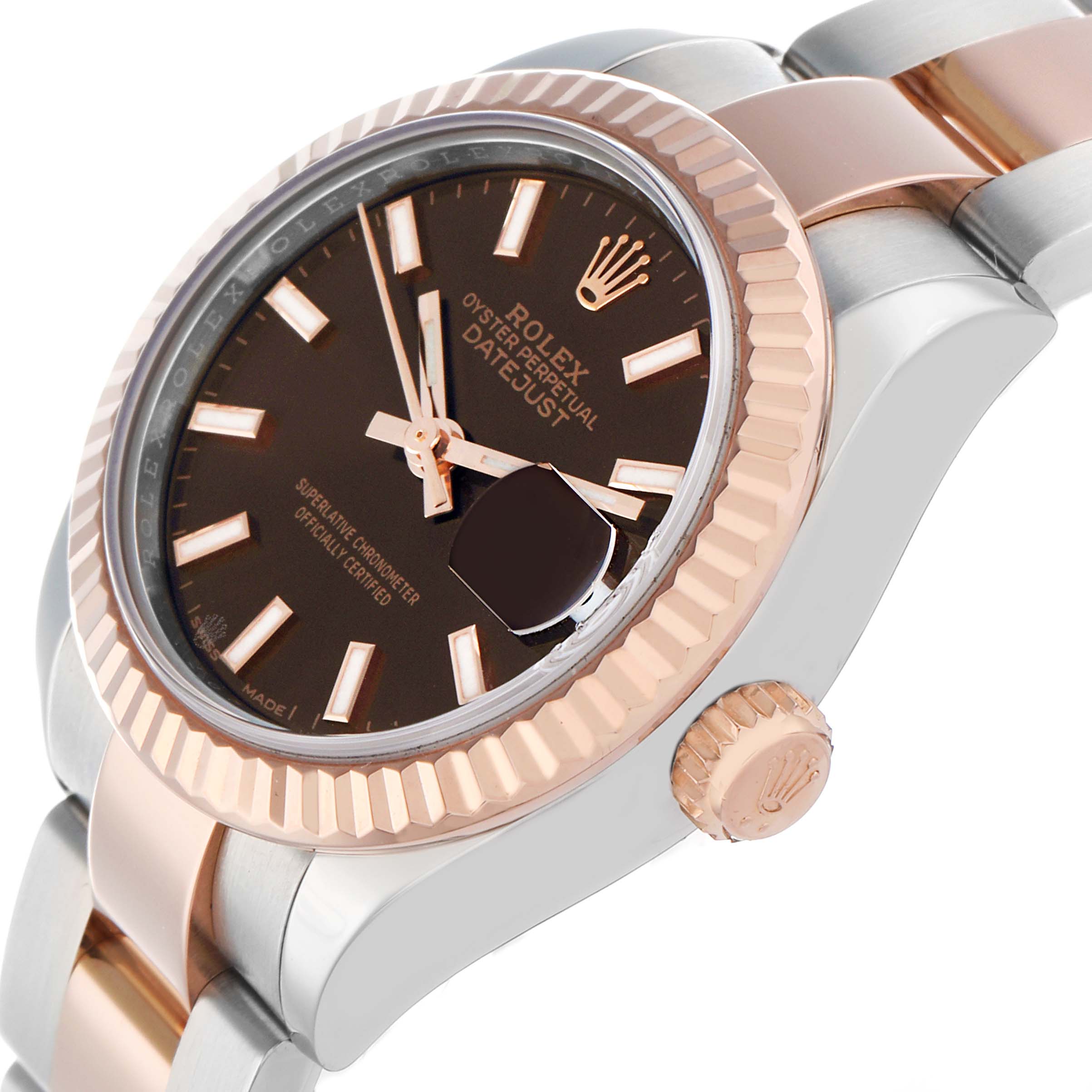 The image shows a Rolex Datejust 279171 Women's Steel and Gold (two tone) Brown Dial watch at an oblique angle, highlighting its fluted bezel, crown, and part of the bracelet.