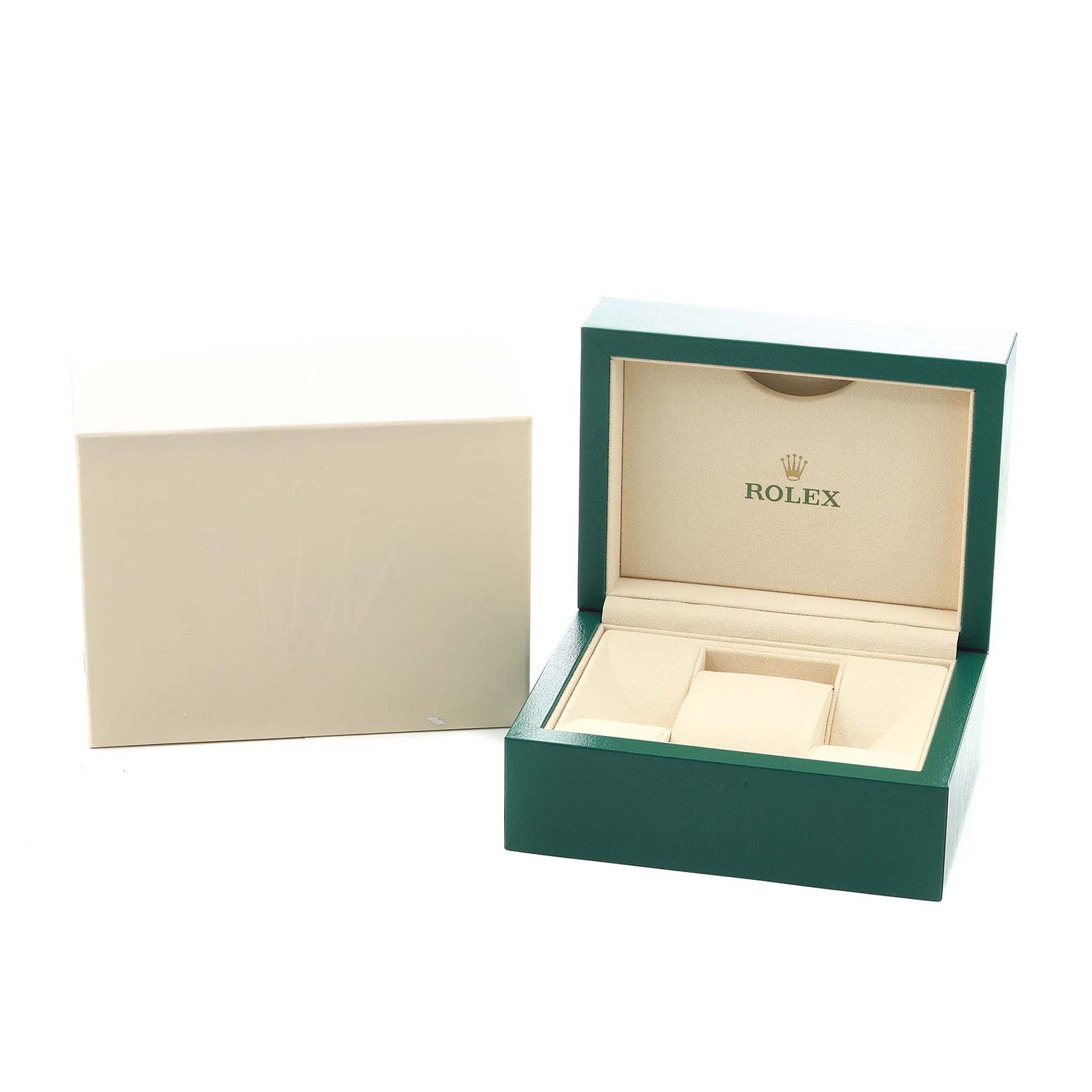 The image shows an open Rolex Datejust 279171 Women's Steel and Gold (two tone) Brown Dial box and its outer cream-colored cover from a frontal angle.