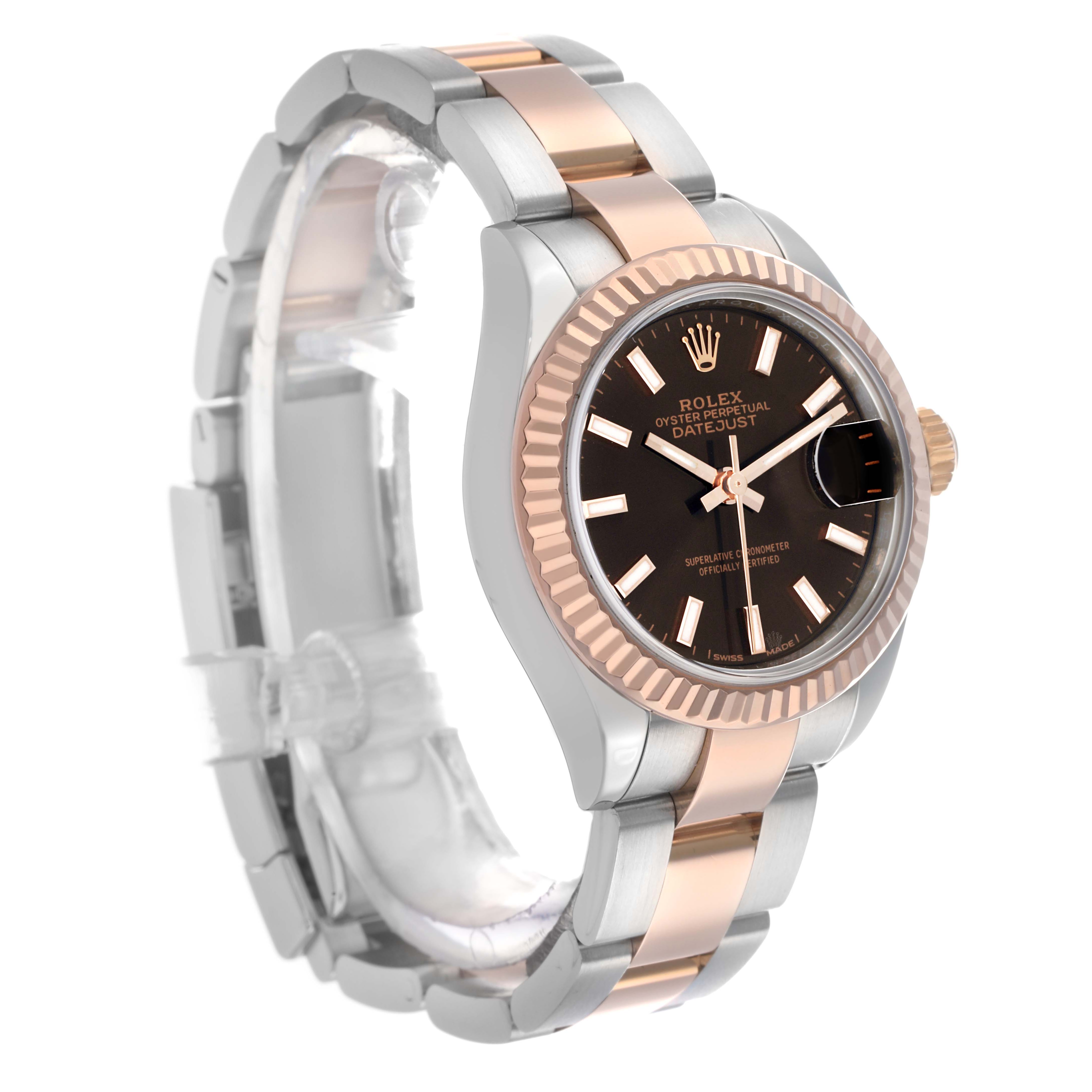 The Rolex Datejust 279171 Women's Steel and Gold (two tone) Brown Dial watch is shown at an angled side view, highlighting the two-tone bracelet, fluted bezel, and black dial.